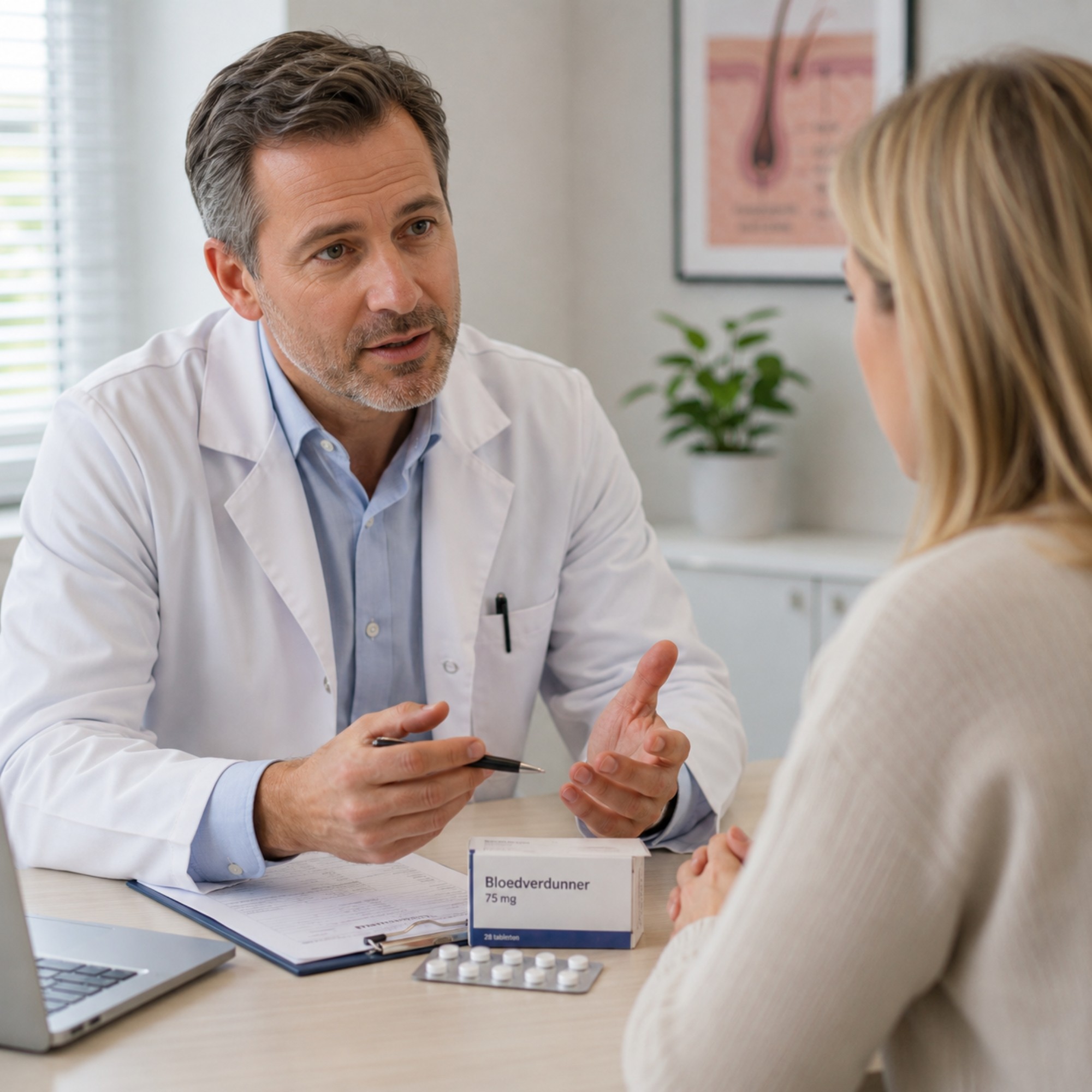 Arts bespreekt mogelijke relatie tussen medicatie en haarverlies met een patiënt.
