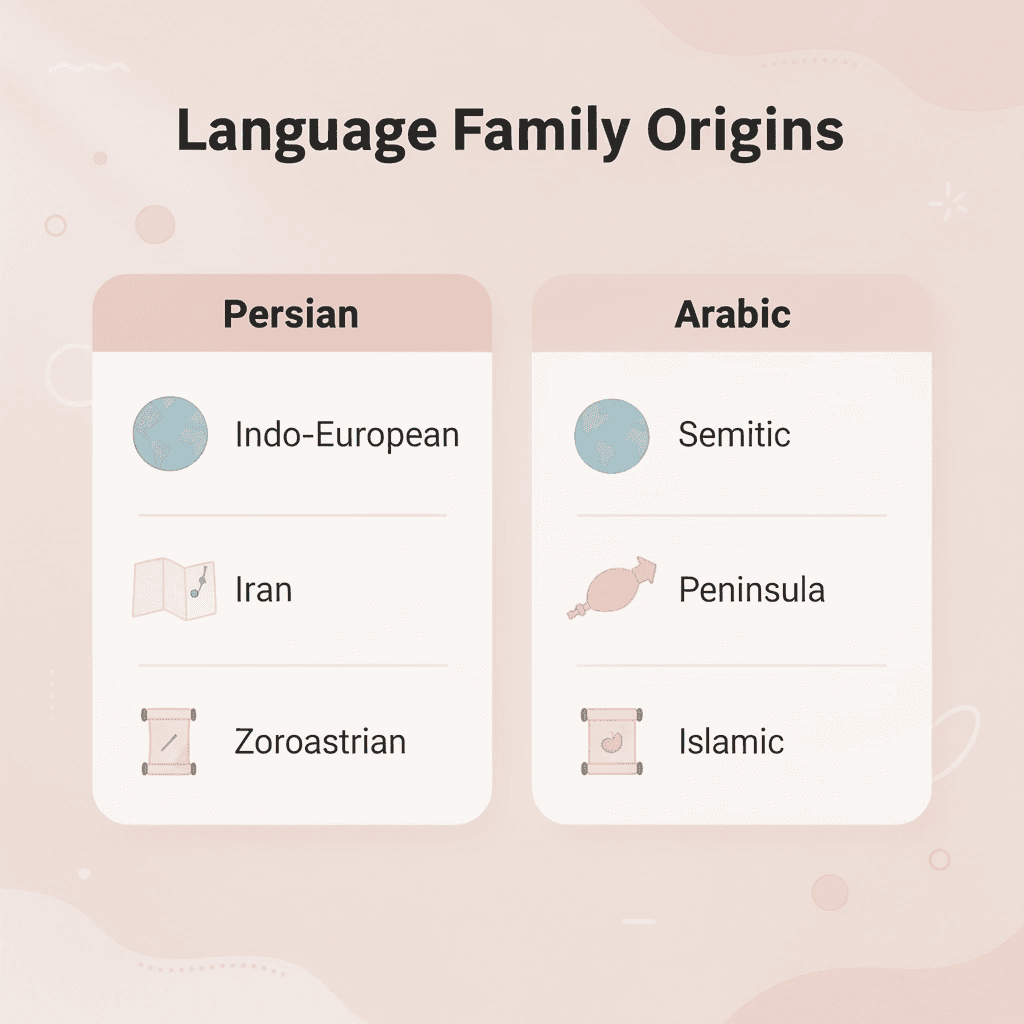 Comparison chart showing differences between Persian and Arabic language origins