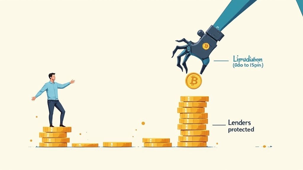 An illustration of a man on coin stacks, a robotic arm liquidating Bitcoin, and text about lenders being protected.