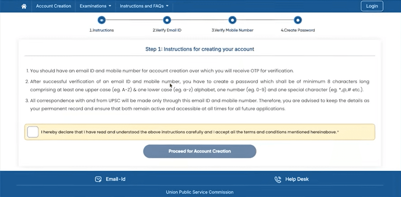 UPSC One Time Registration instructions page showing steps to create an account and proceed for account creation