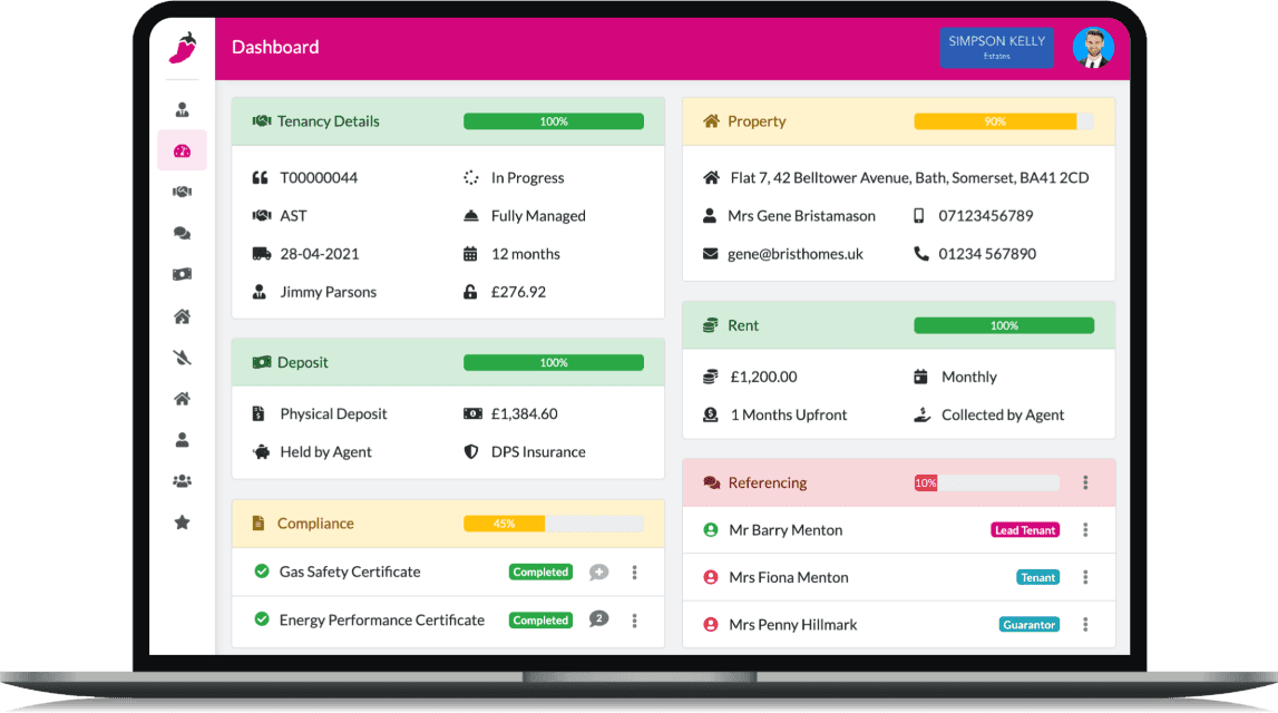 Laptop showing the Pink Chilli software lettings dashboard