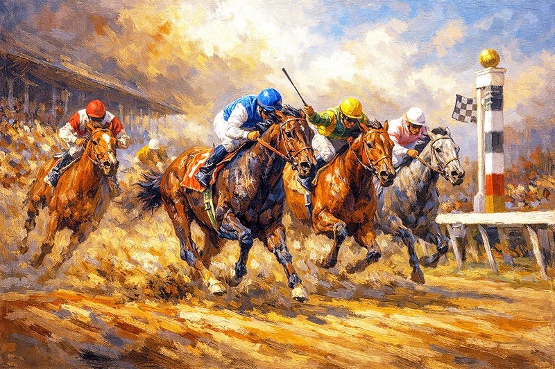 Thoroughbreds and jockeys in colorful silks battling in the final surge toward the wire on a dirt track.