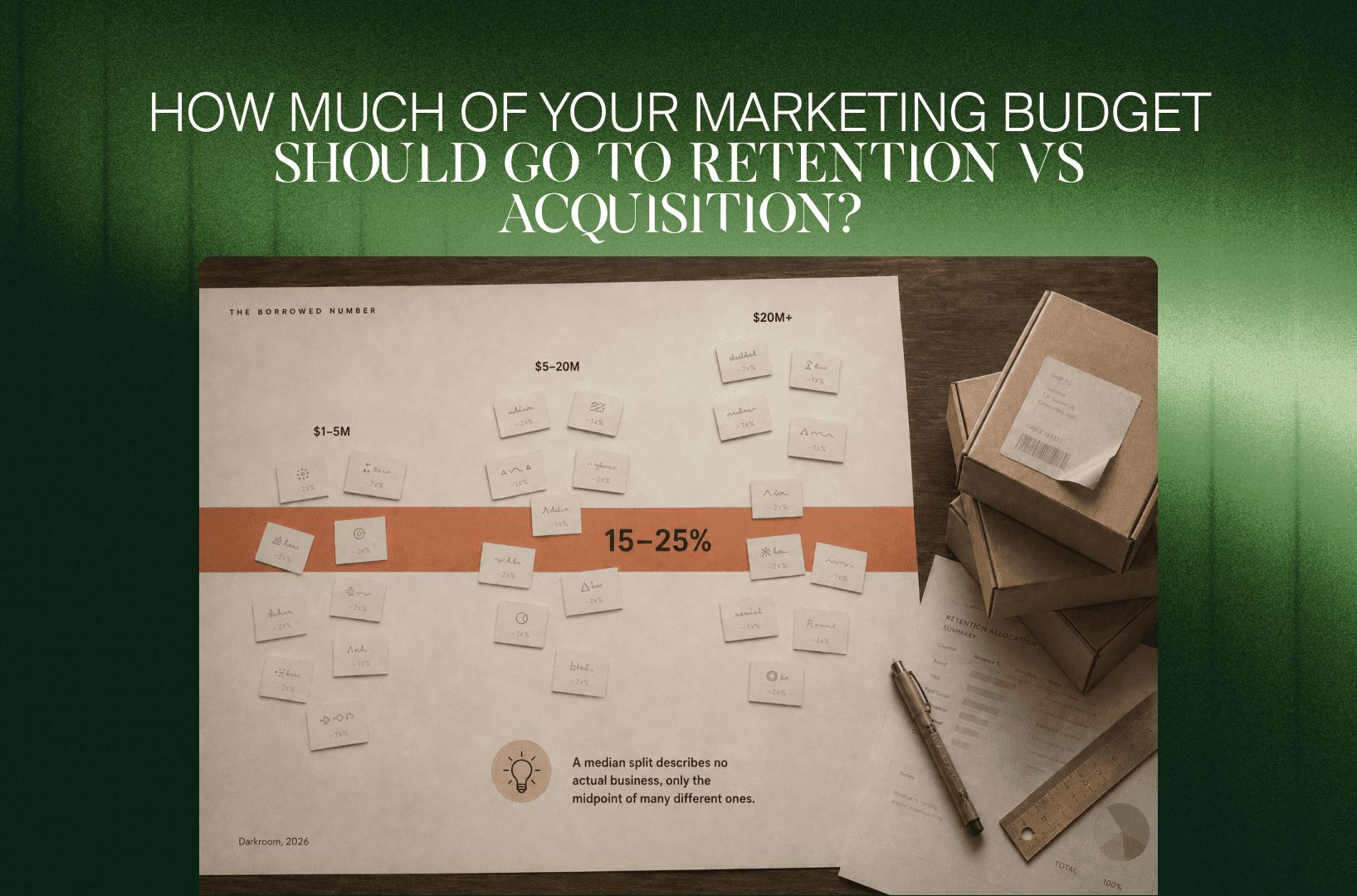 Diagramm zum Budget für Retention und Akquise mit einem Median von 15 bis 25 % bei Marken von 1 bis über 20 Mio. $