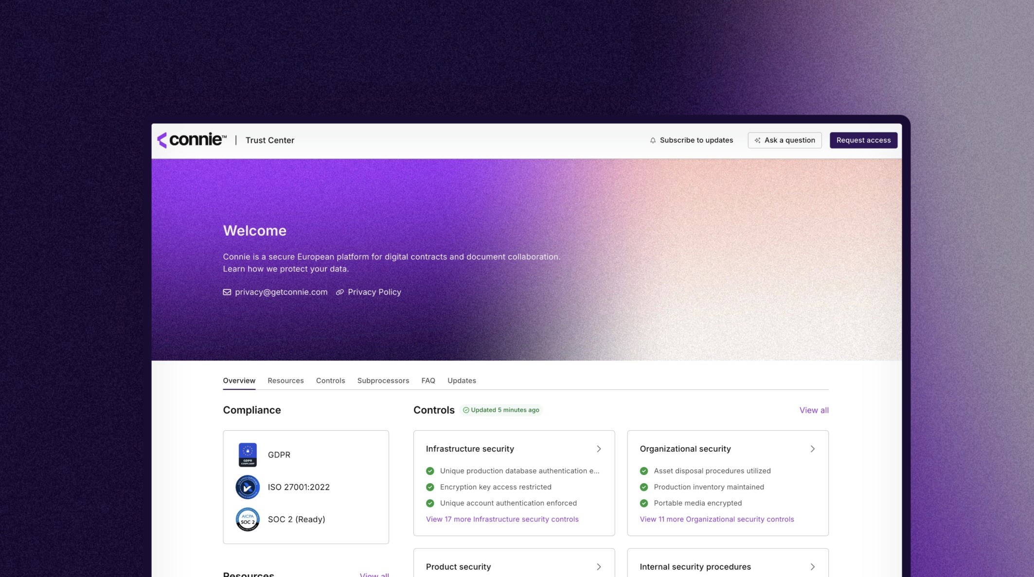 Connie Trust Center interface showing security and compliance information
