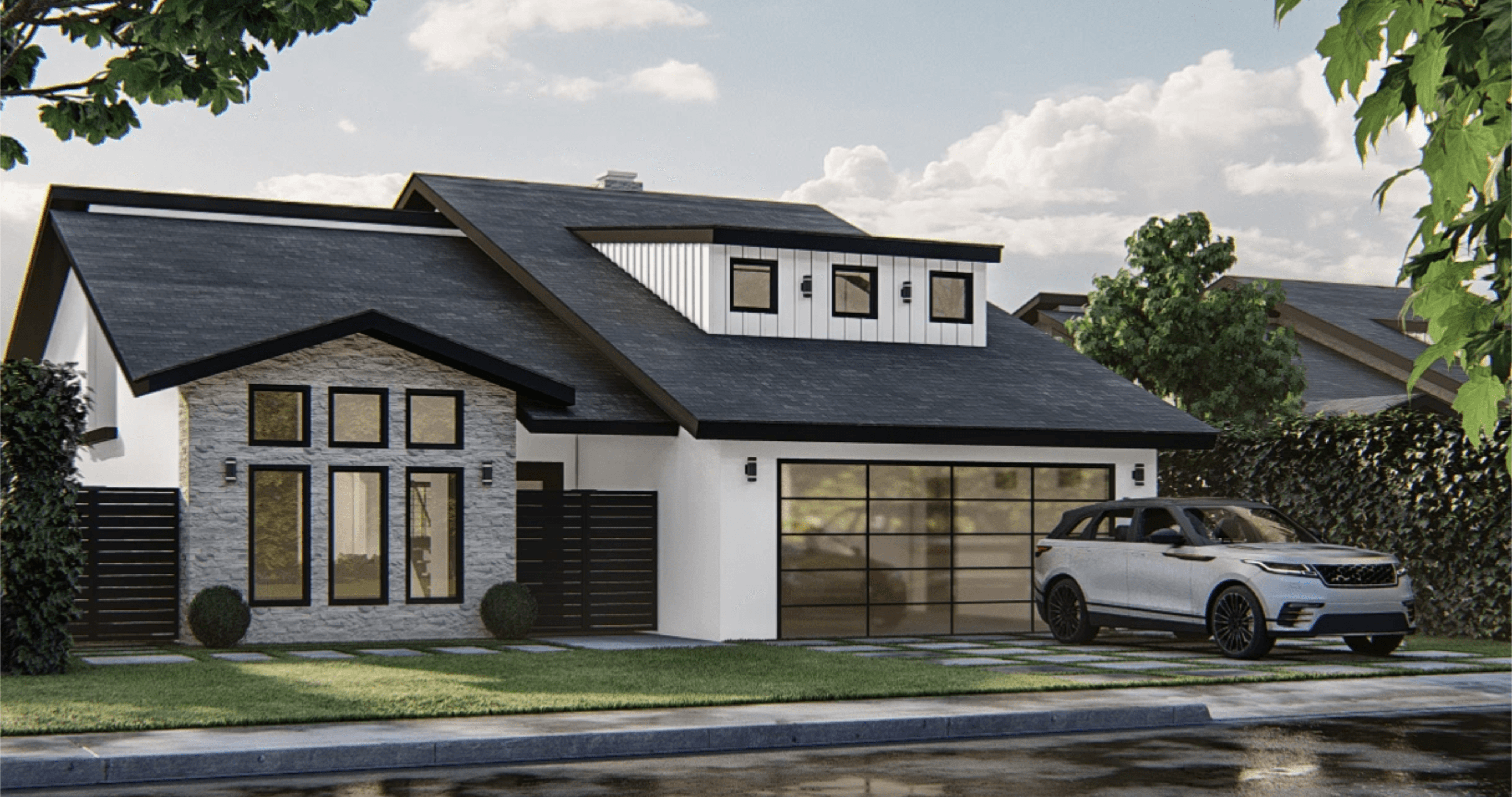 Street view of the modern lakeside home with a car in the driveway.