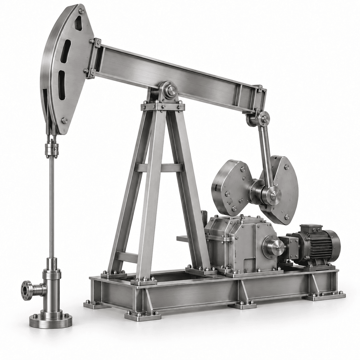 3D render of a pumpjack with horsehead, walking beam, crank counterweights, gearbox, and electric motor