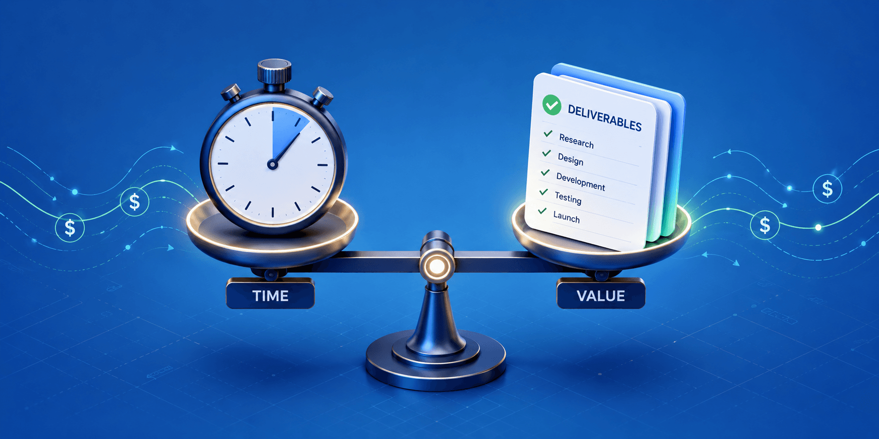 Balanced scale of stopwatch and deliverable cards