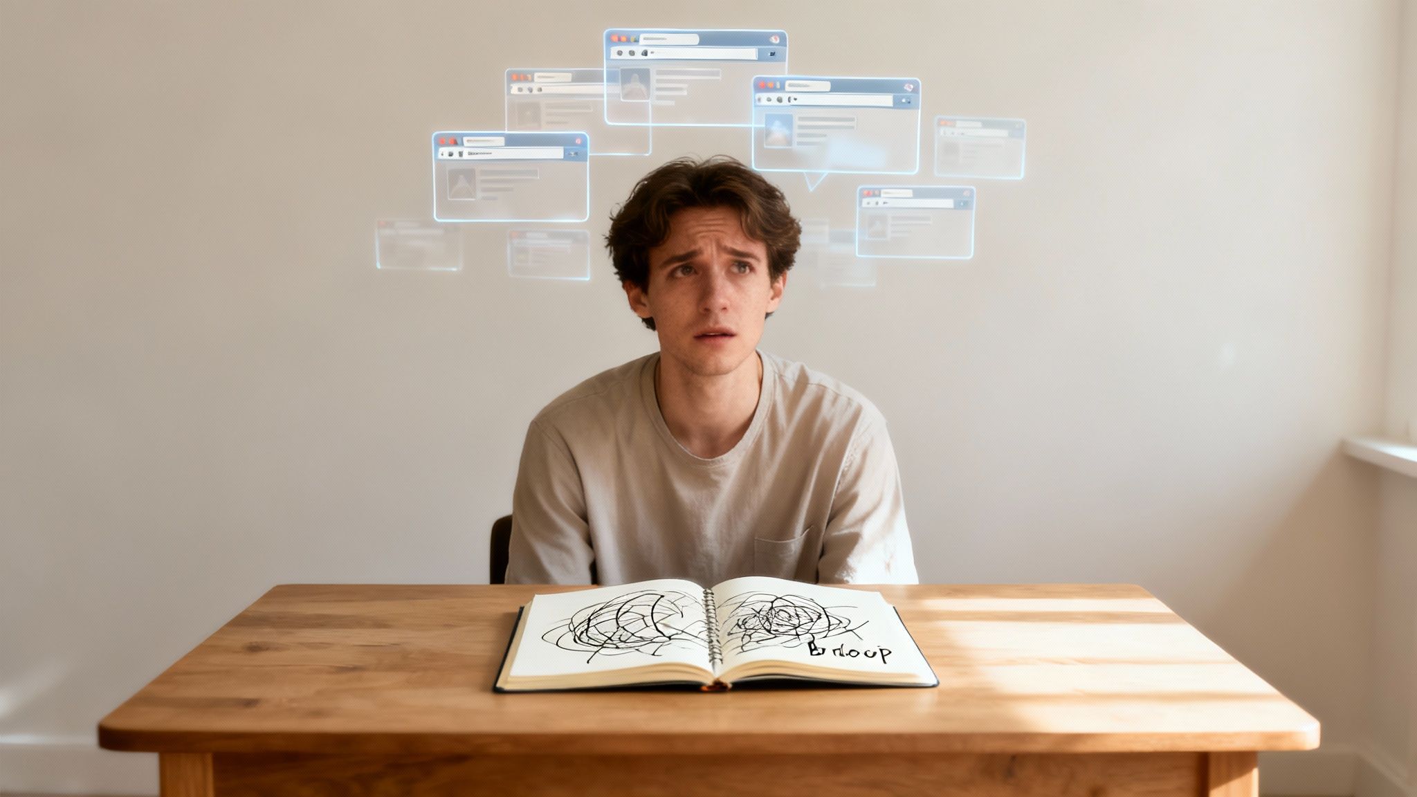 A person looking overwhelmed with sticky notes all over their face and a laptop.