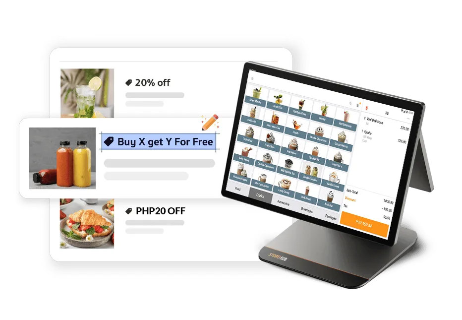 StoreHub POS system showing menu items and discount management.