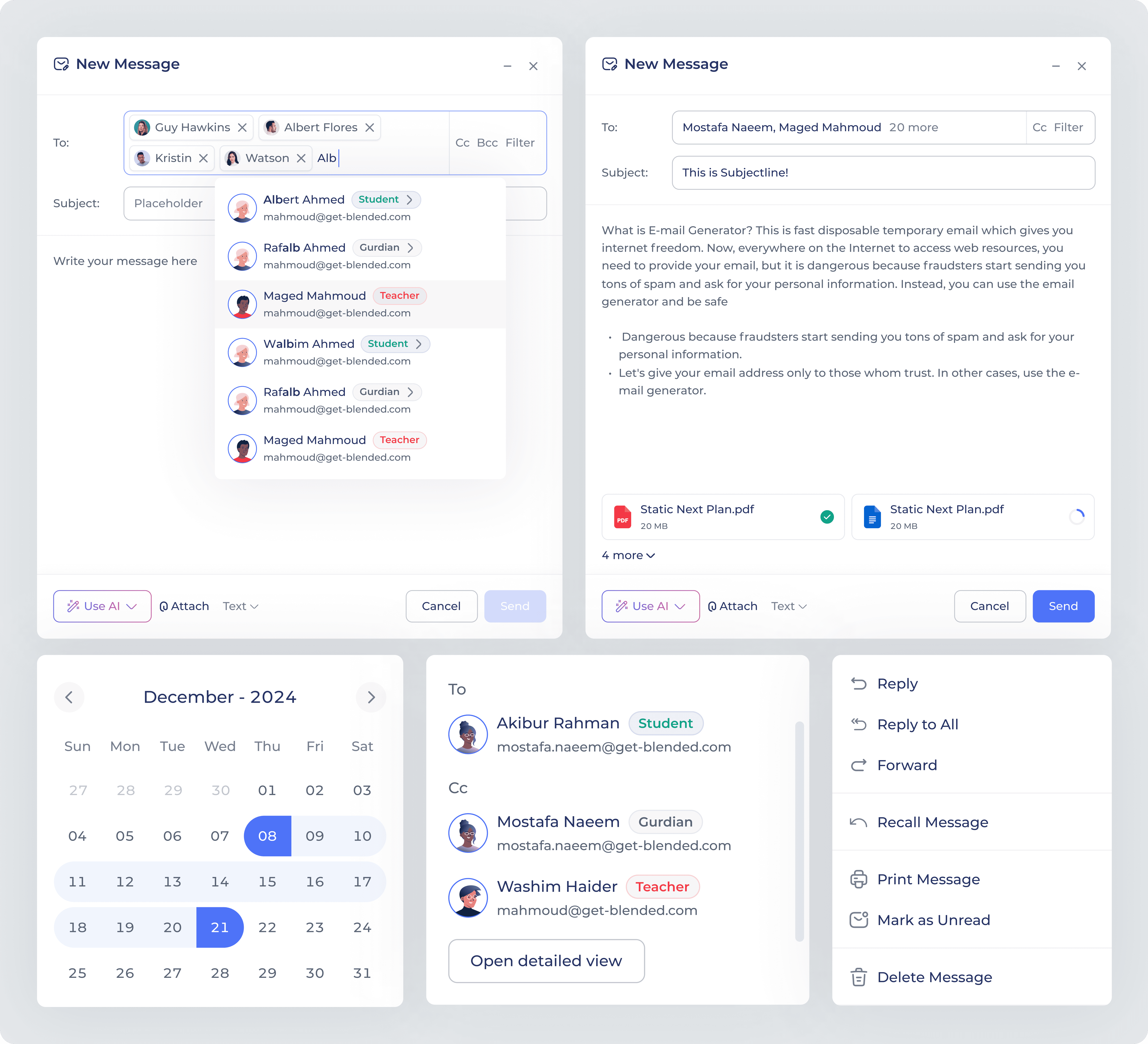 Messaging module interface showing new message composer with role-based recipient selection (student, guardian, teacher), AI-assisted writing option, file attachments, calendar date picker, message thread details, and quick actions including reply, forward, recall, and mark as unread.