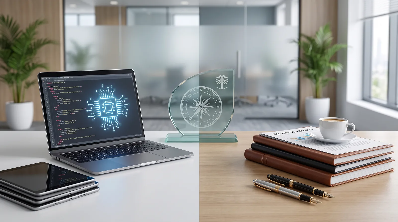 IT versus management consultancy license Dubai comparison documents on desk