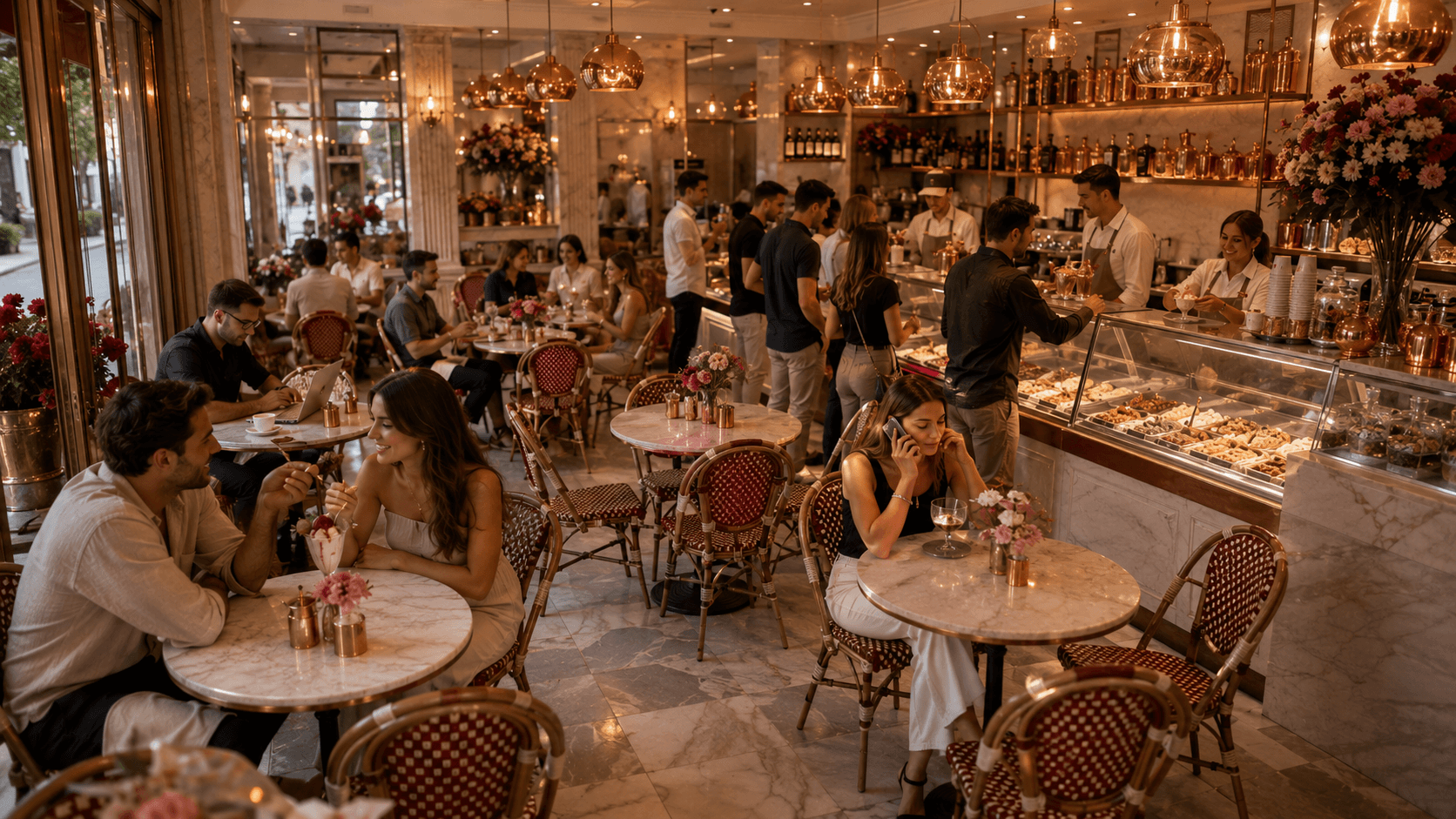 Busy café interior with customers seated at wooden tables, baristas working behind the counter, and a warm, social atmosphere.