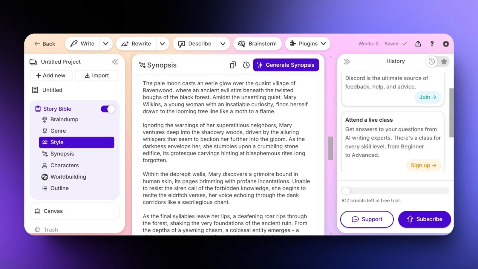 Screenshot of a storytelling app with options for generating story synopses, styles, and characters, showing creative tools for novel writing.