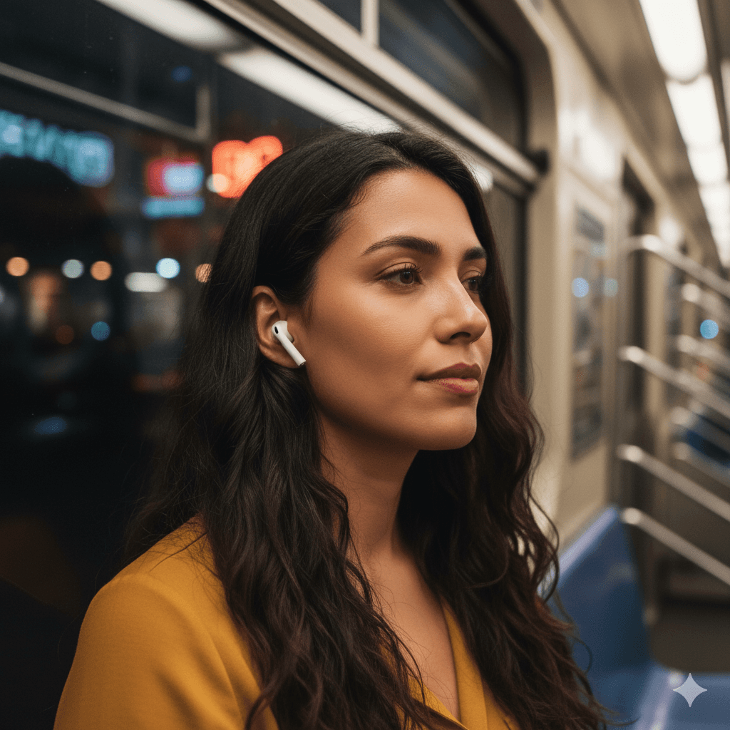 AI-generated realistic image of a woman on a subway, example of AI content for lifestyle advertising campaigns.