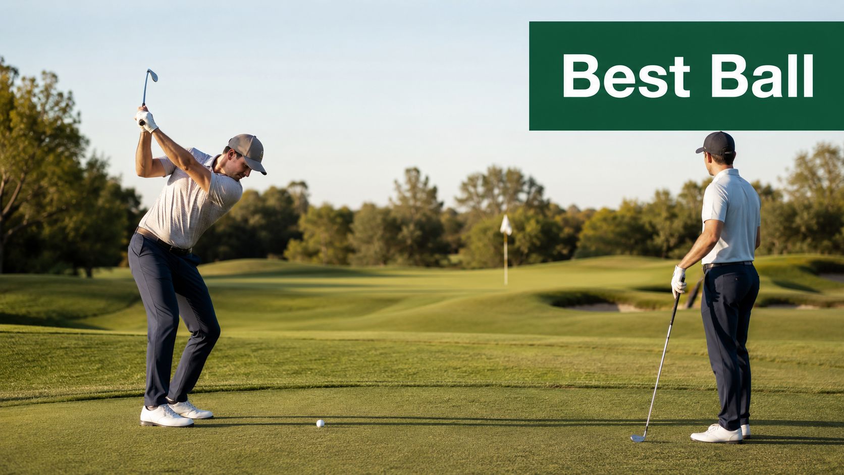 A professional golfer completes a backswing while his partner watches on a lush green golf course.