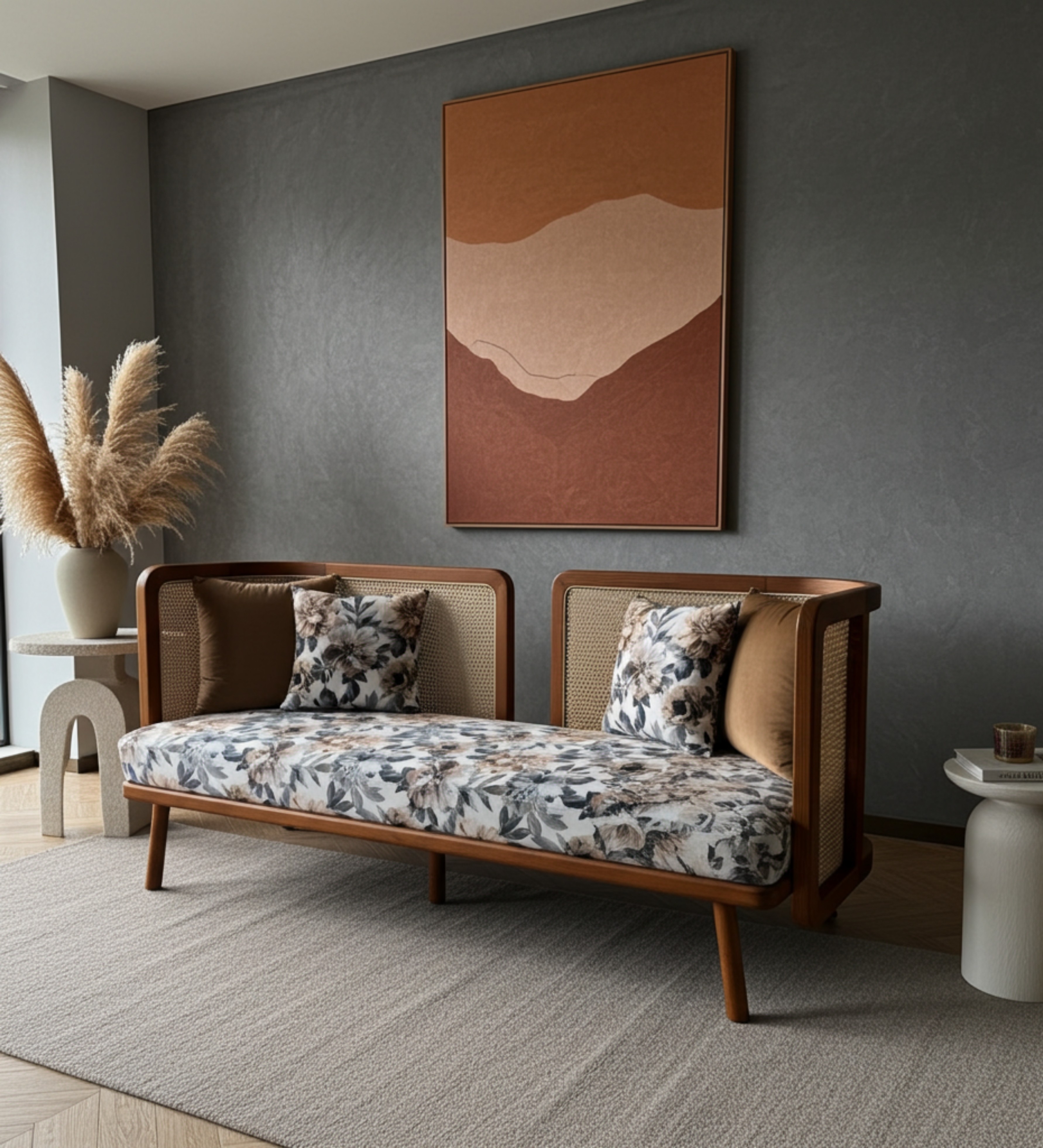 Cane-backed wooden seating with floral cushion upholstery