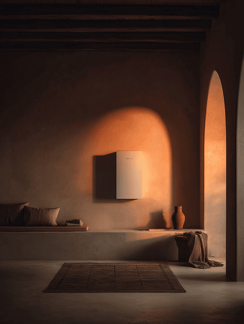 نظام بطارية طاقة شمسية مثبت على جدار داخلي بتصميم دافئ وأنيق، يرمز إلى الاعتماد الذاتي على الطاقة واستمرارية التشغيل.