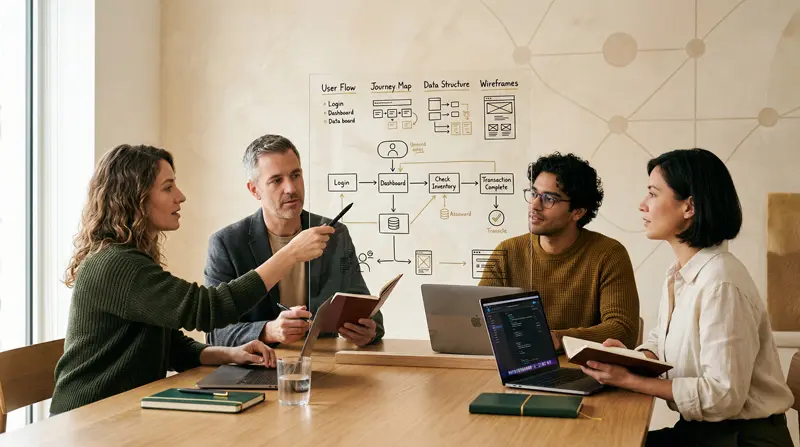 Diseñador UX, stakeholder y desarrollador conversando frente a diagramas estructurados en un panel de vidrio en un estudio moderno y cálido.