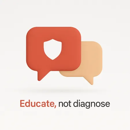 Educate, not diagnose AI prompt product image showing speech bubbles and shield icon for menopause coaches staying within scope while explaining menopause symptoms