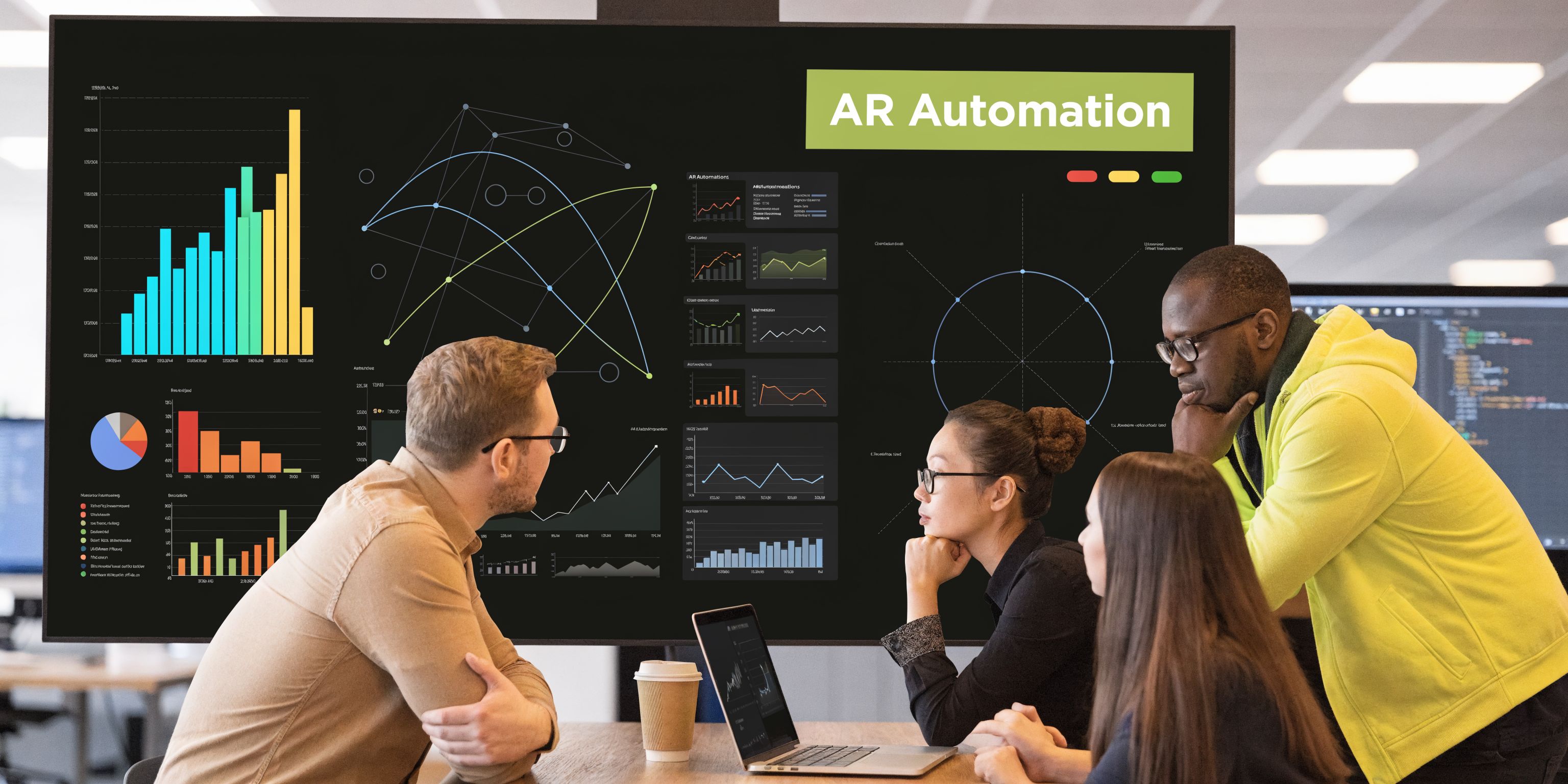 A diverse team of professionals collaboratively analyzing complex data charts and financial metrics on a large screen.