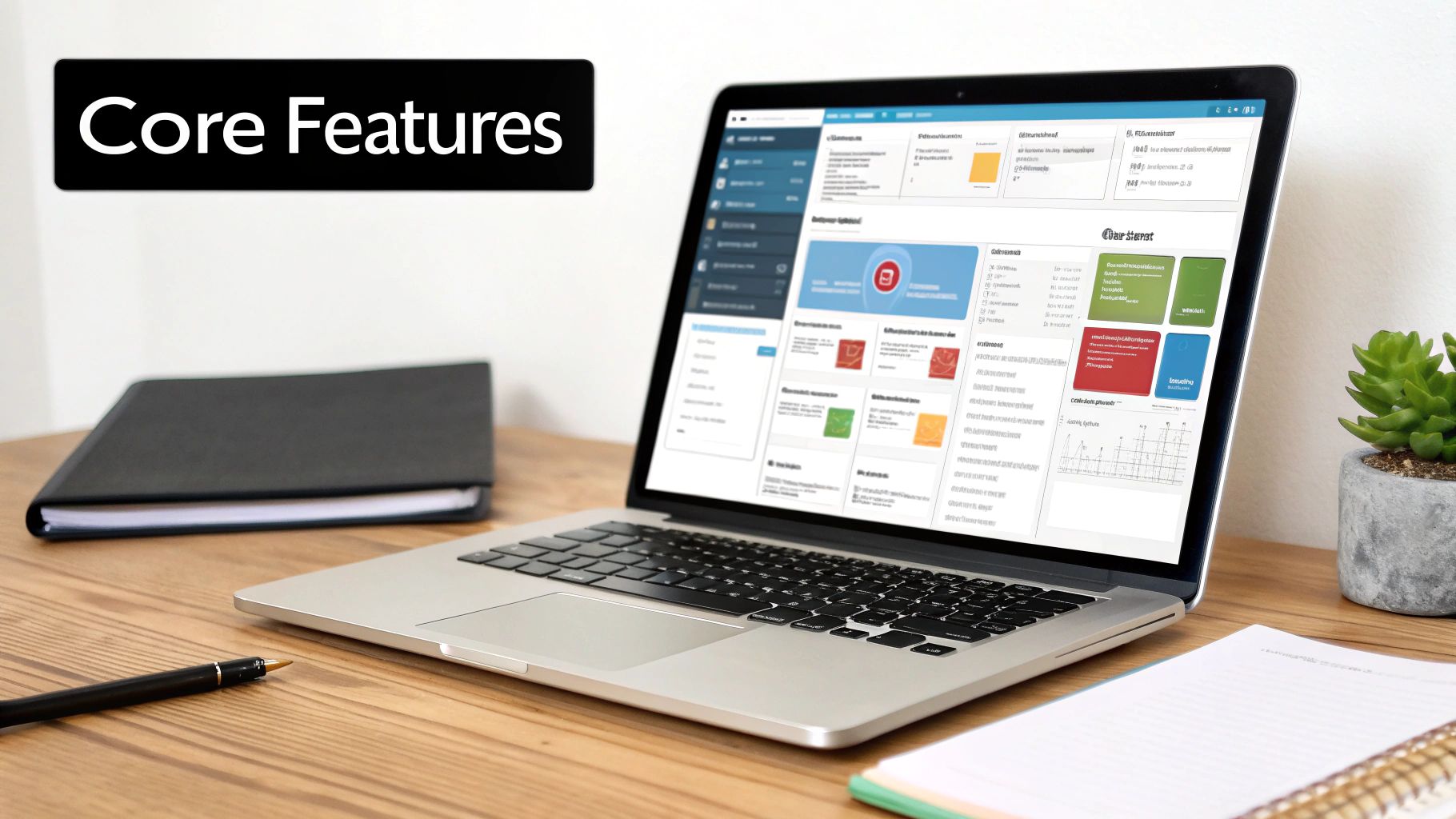 A laptop screen displays a business dashboard with charts and data, alongside a 'Core Features' banner in an office setting.