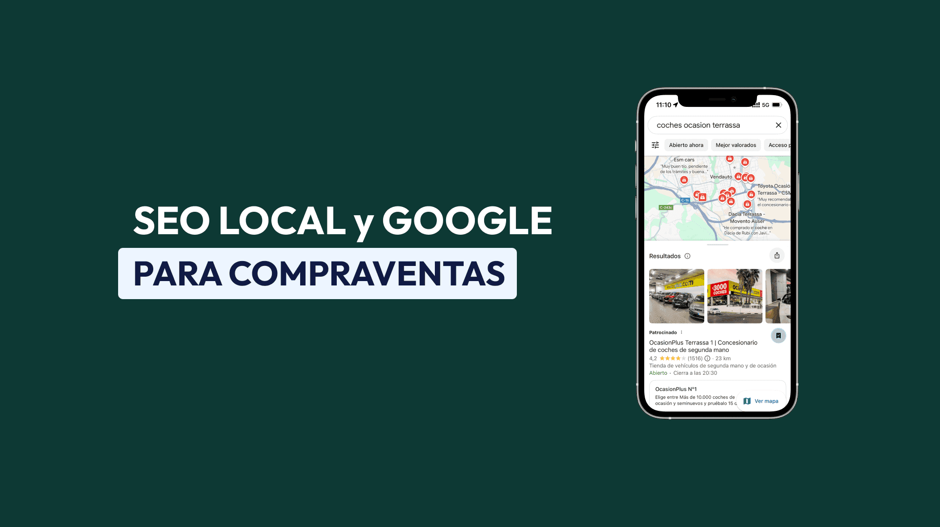 SEO Local y Google para Compraventas - Mobile phone showing map with pins.