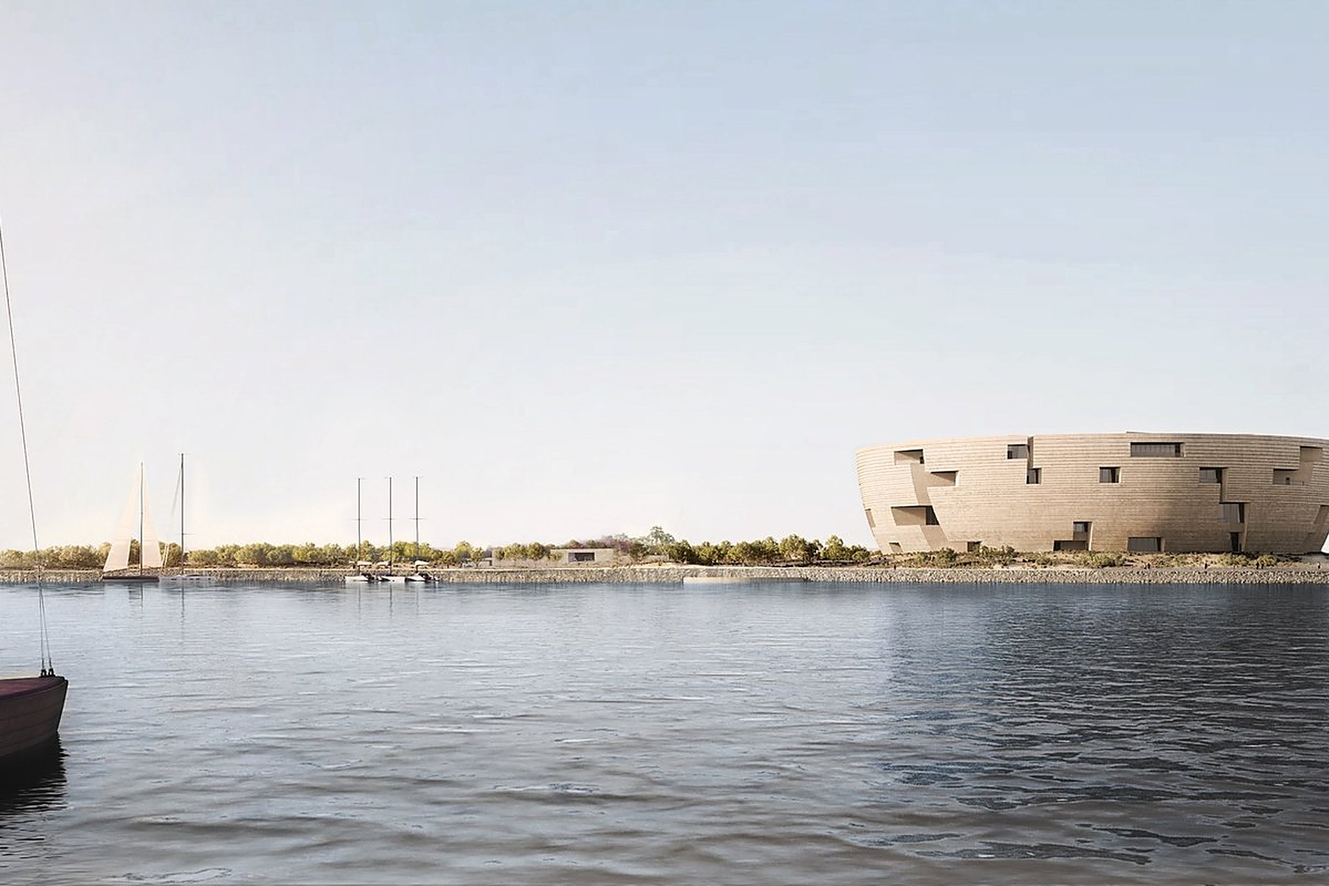 Le musée de Lusail vu depuis la mer, en image de synthèse : un volume rond en pierre claire posé au bord de l'eau, sur Al Maha Island
