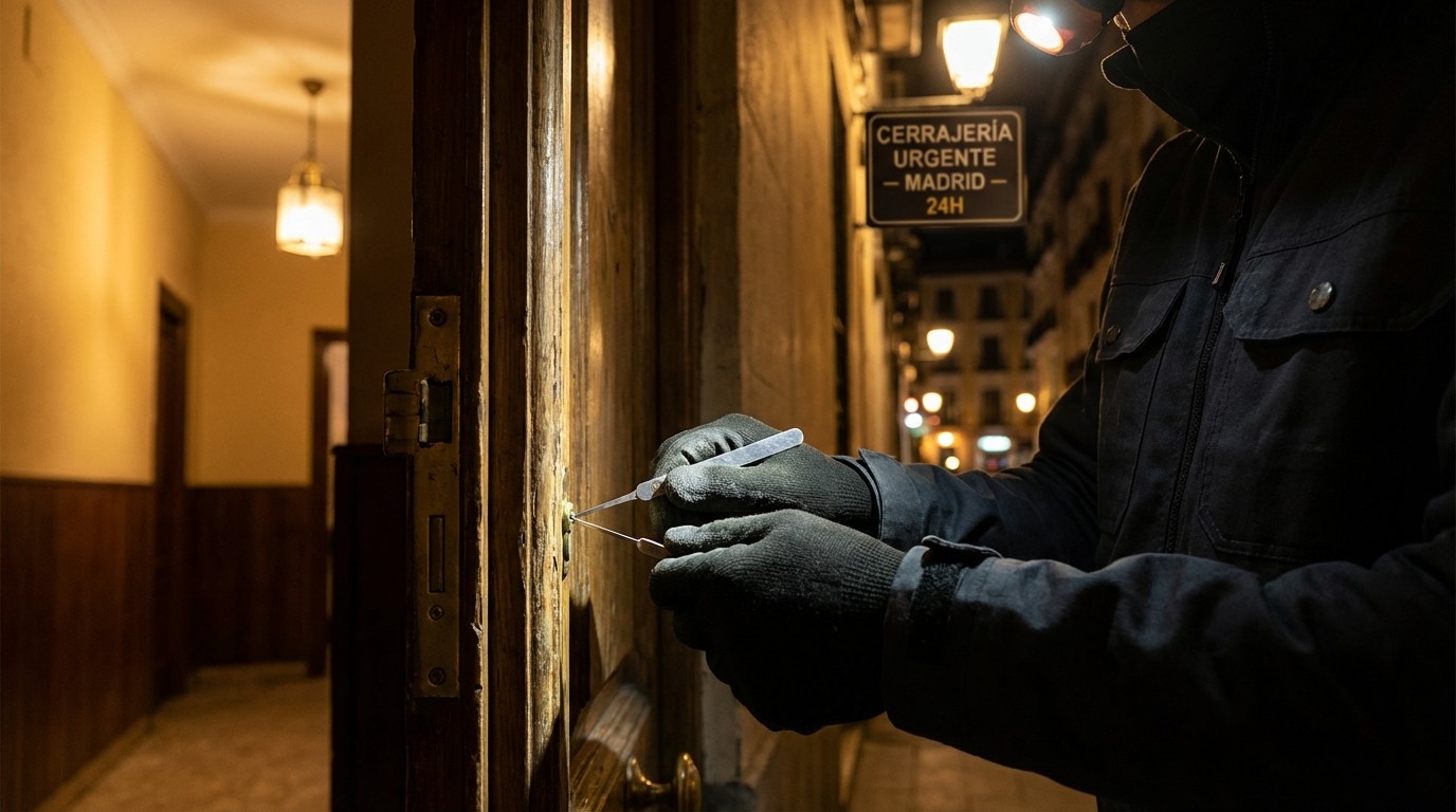 Cerrajero urgente reparando una cerradura en Madrid con herramientas profesionales.