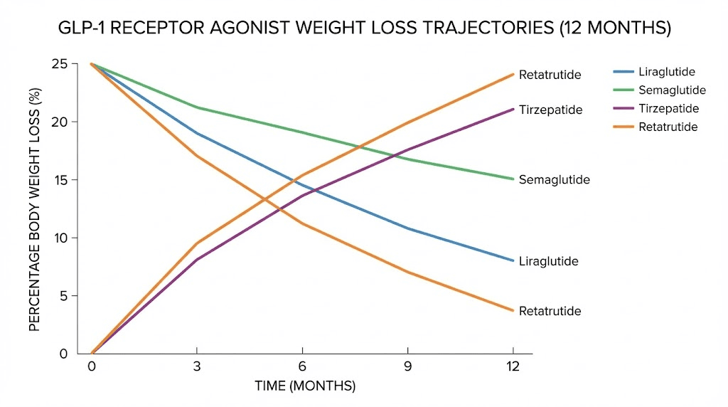 GLP-1 medication comparison chart showing weight loss speed for semaglutide tirzepatide liraglutide and retatrutide
