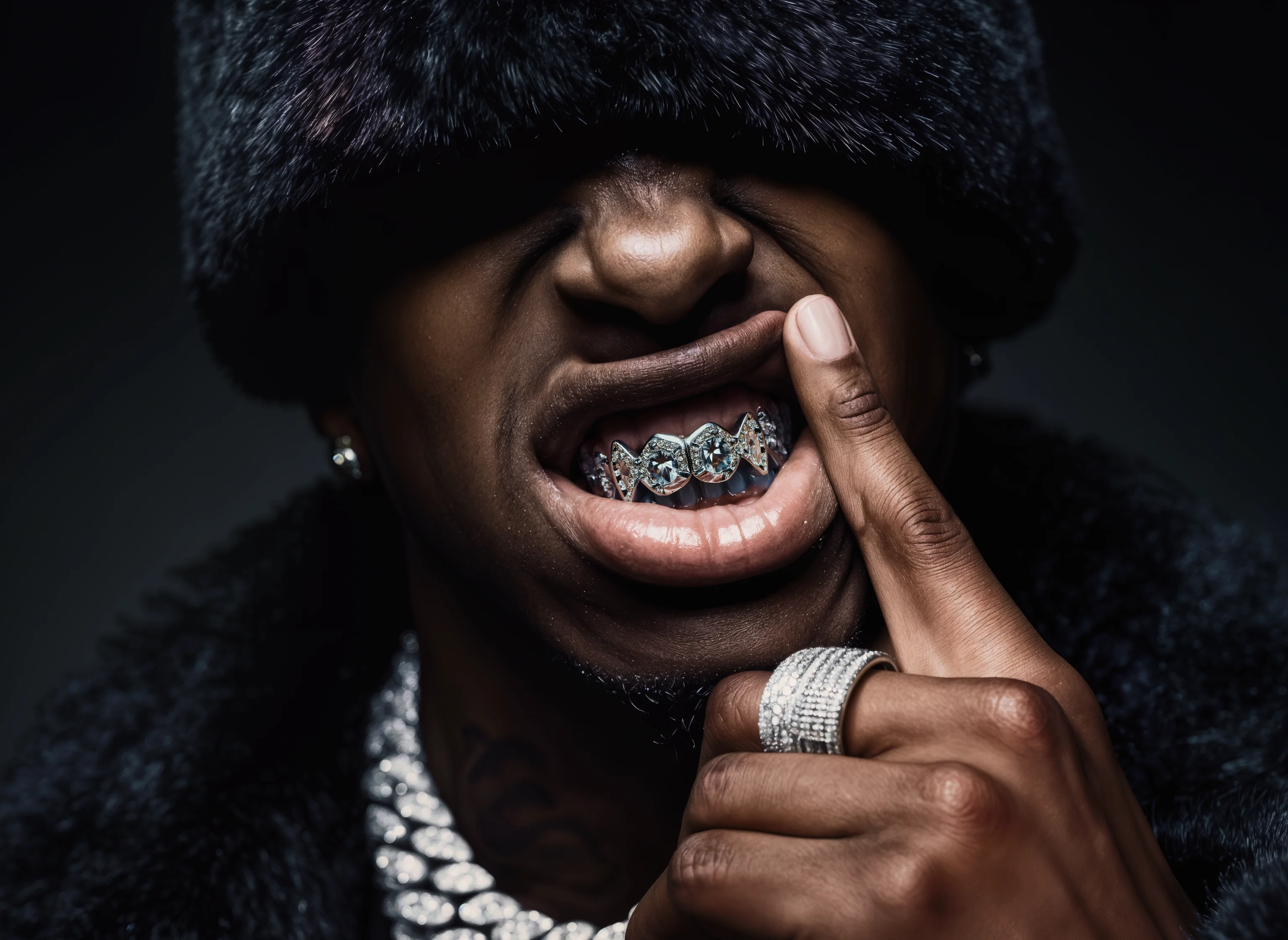 Close-up portrait of a hip hop artist wearing jewellery and a fur hat