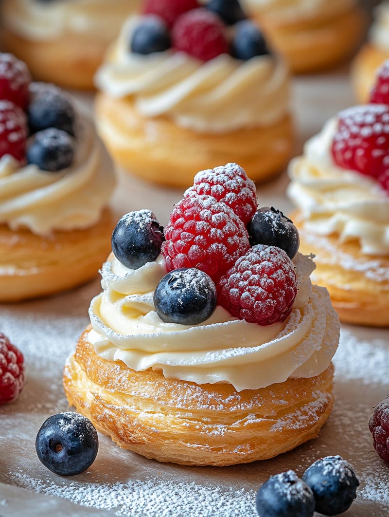 Close up of pastry topped with cream and berries.