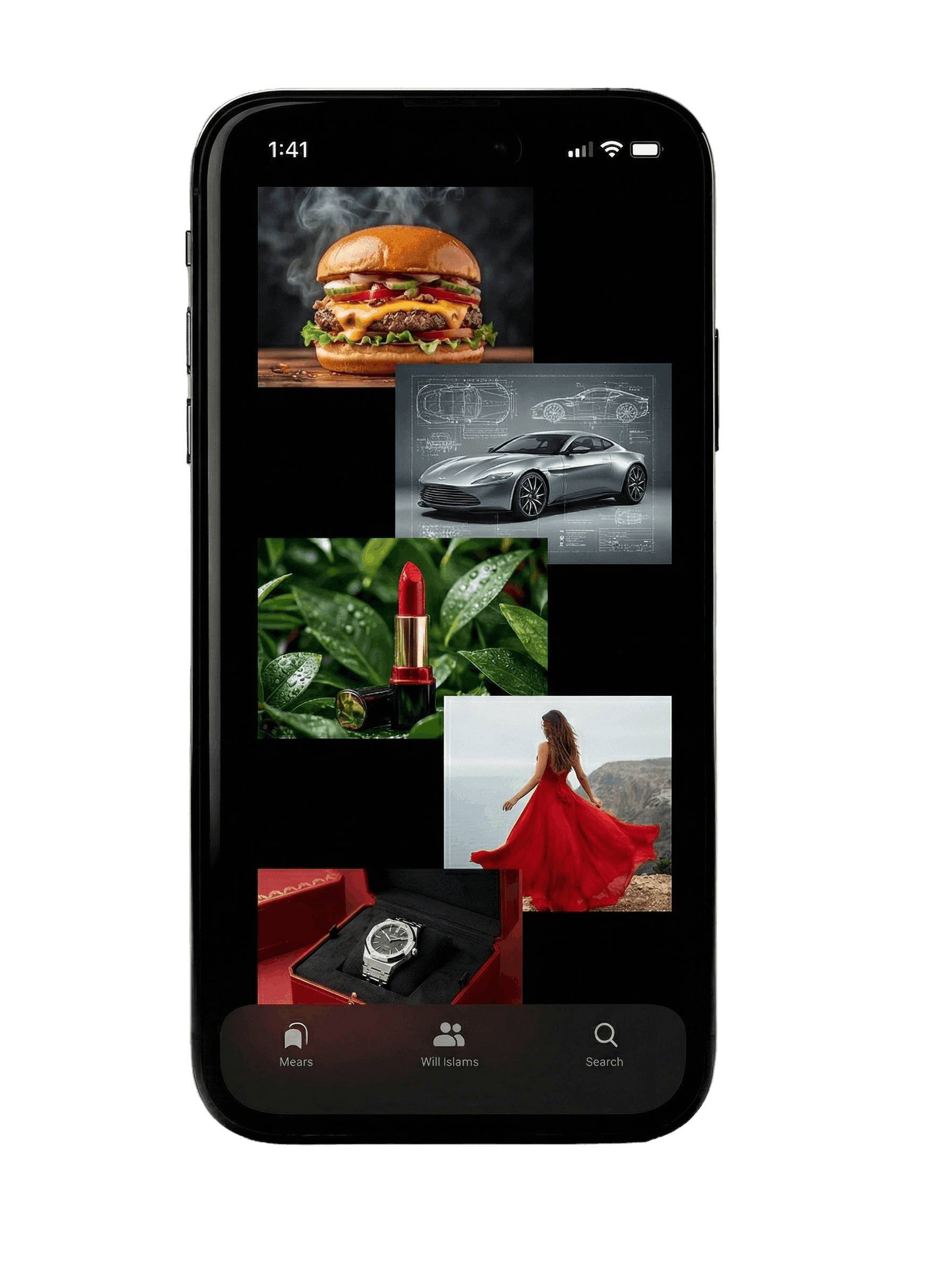 a smartphone shows five pictures with cars, lipstick, burger, a watch and a woman in a red dress