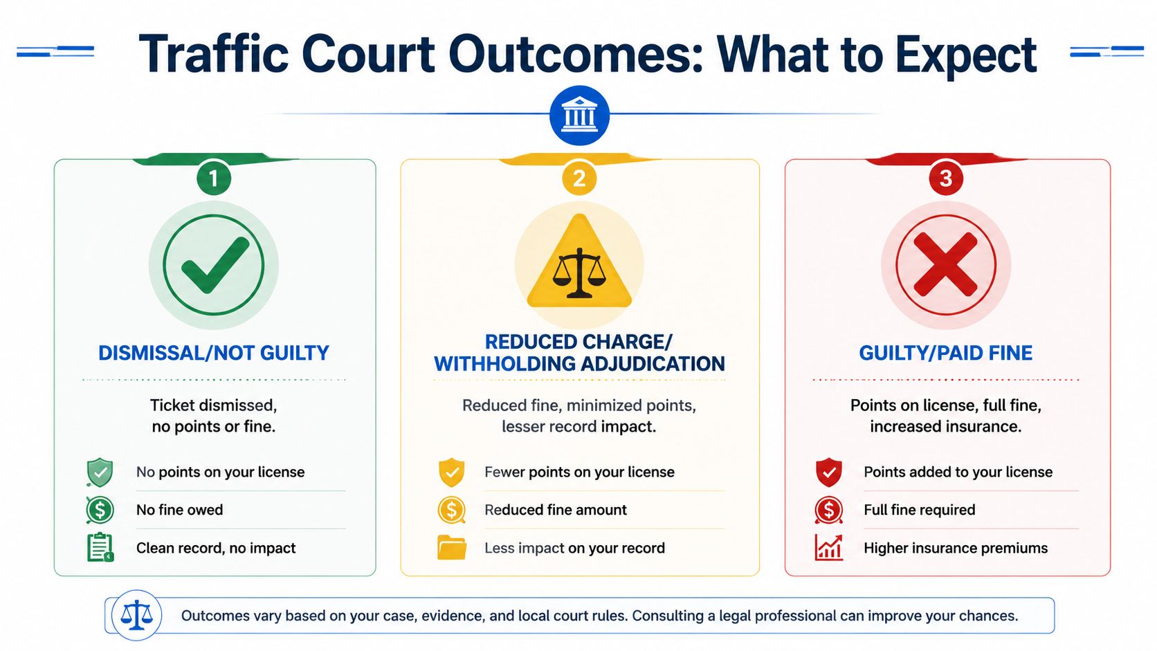 A visual guide explaining three common outcomes of traffic court cases: dismissal, reduced charges, and guilty verdict.