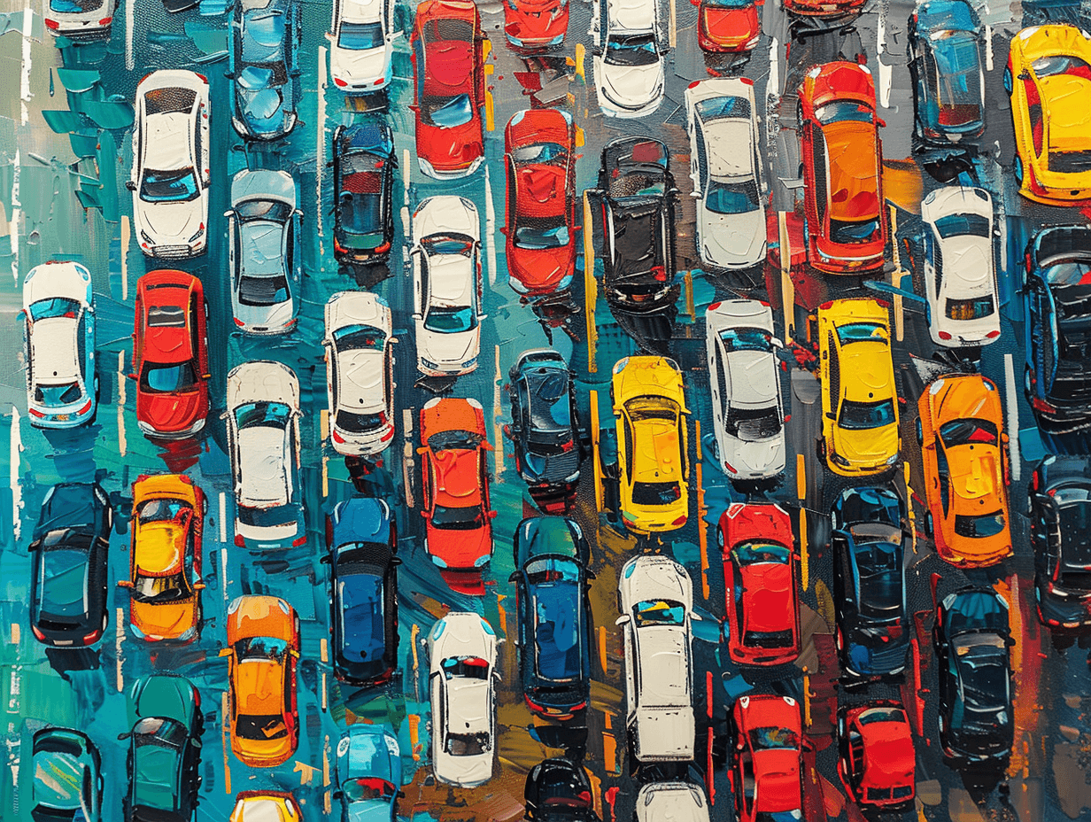 An impressionist-style painting shows a dense traffic jam viewed from above, with rows of colorful cars in shades of red, yellow, blue, and white. Thick, textured brushstrokes and vibrant hues create a sense of urban congestion, movement, and modern chaos frozen in paint.