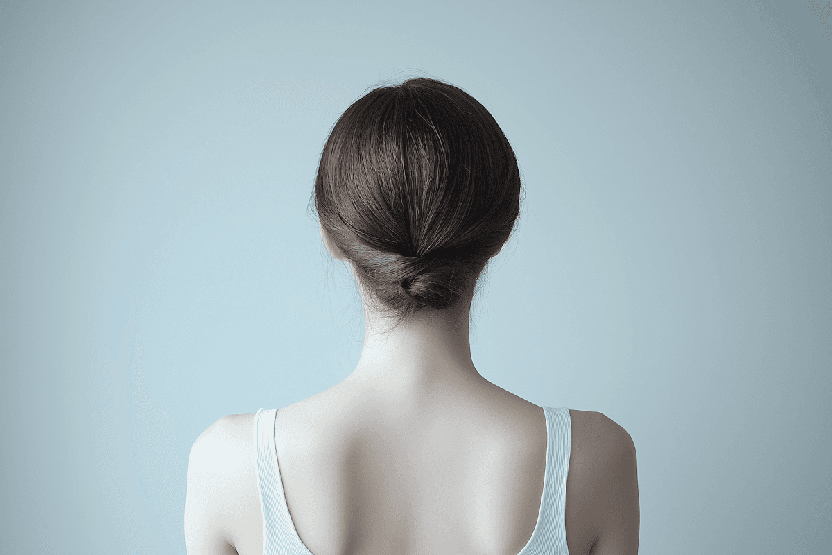 shot of a woman's back looking at a blank wall