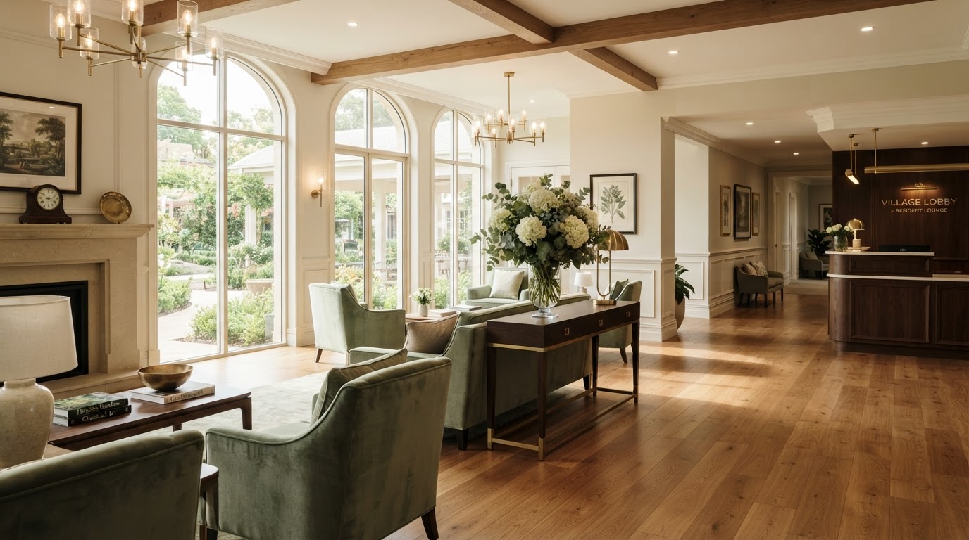 Immaculate sunlit retirement village lobby