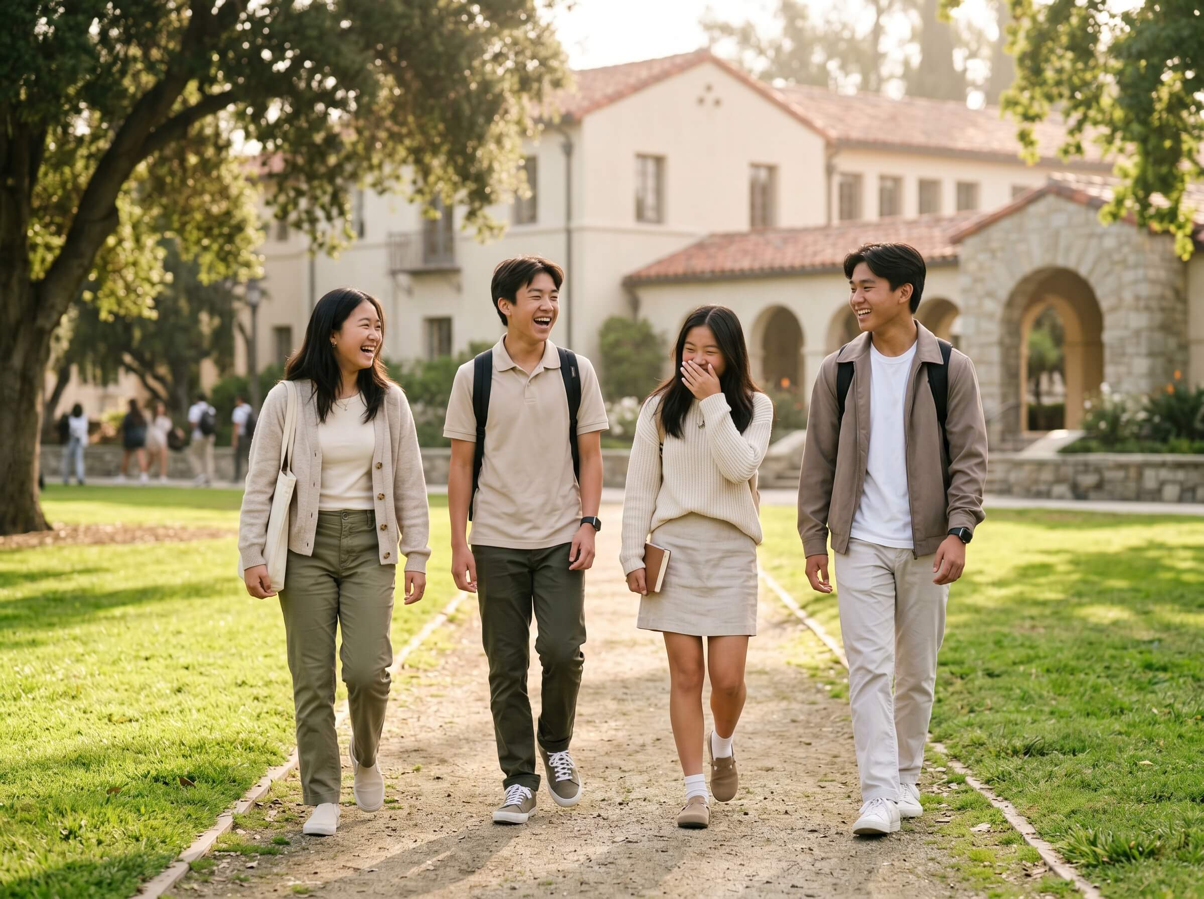 Four students in casual attire stand and chat inside the campus.