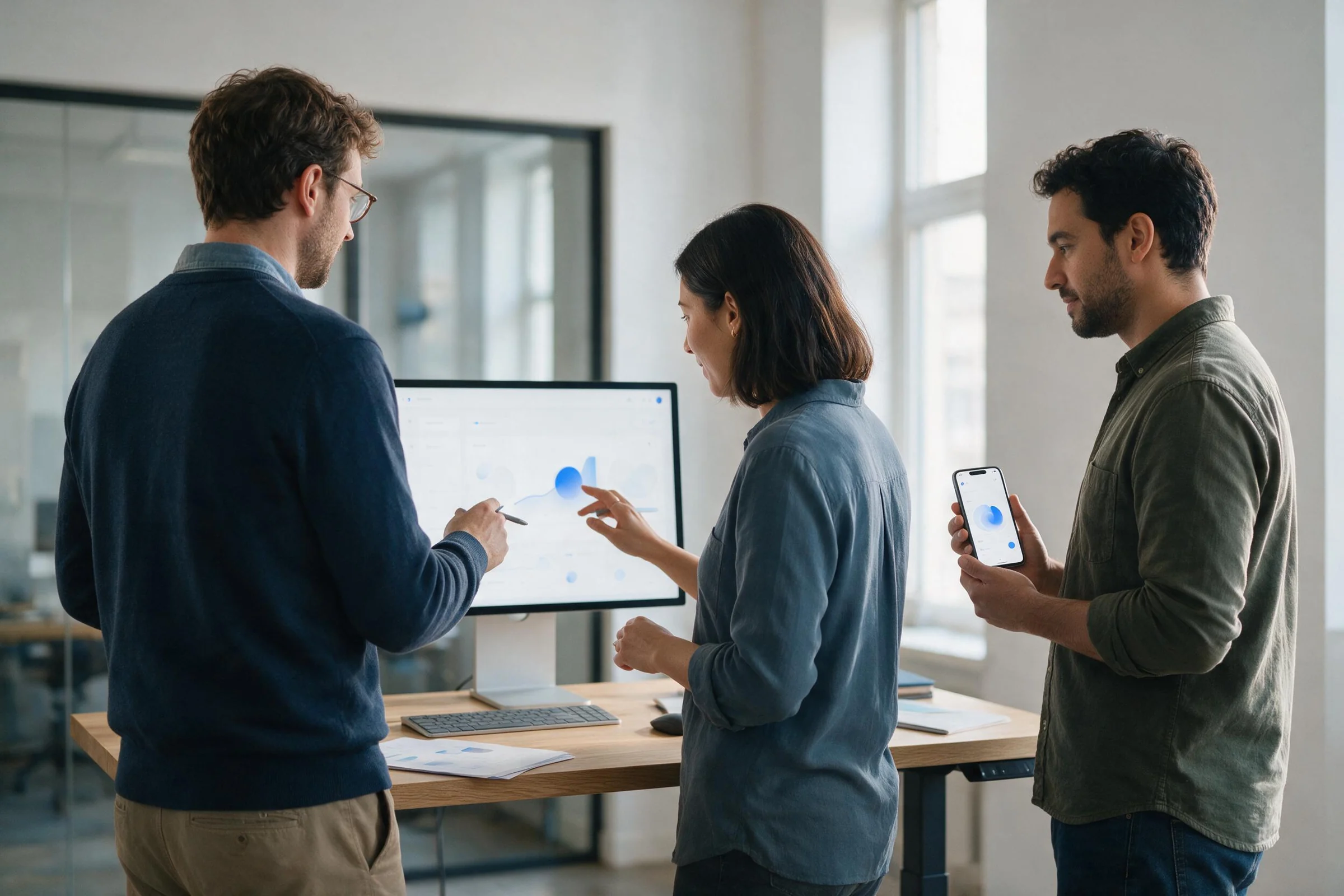 Product engineering team reviewing an analytics dashboard on a desktop monitor and the same product running as a mobile app