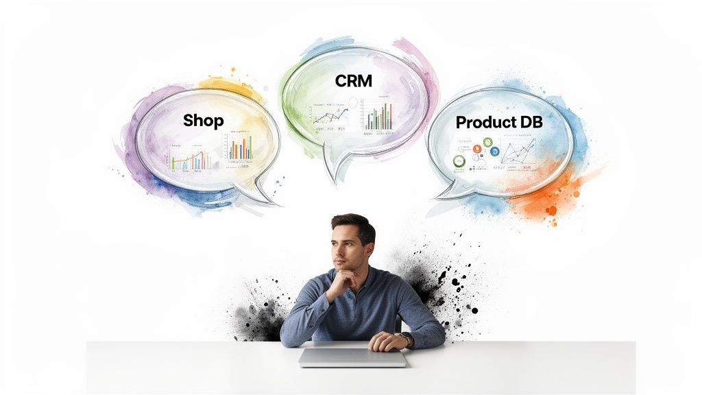 Thoughtful man analyzing data from shop, CRM, and product database systems to gain insights.