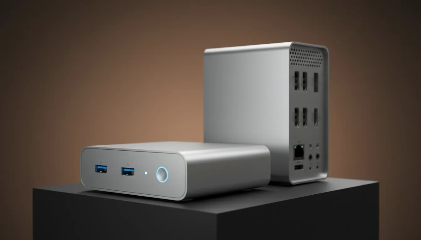 DSLR product photography of two high-performance mini PCs on a minimalist black stand. A silver mini PC is placed horizontally in the foreground, showing its front panel with two blue USB ports and a power button. Behind it, a taller silver mini PC stands vertically, displaying its rear I/O panel with multiple HDMI, USB, and Ethernet ports. The computers have a sleek, brushed aluminum chassis with rounded corners. Soft studio lighting creates clean highlights on the metallic surfaces against a warm, brown gradient background. The shot has a shallow depth of field, keeping the front PC in sharp focus.