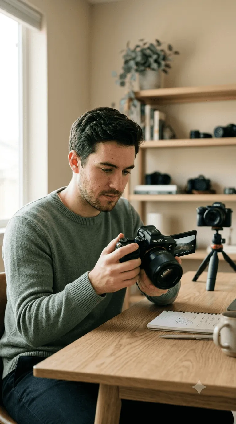 A person in a leather outfit looking at an cameras.