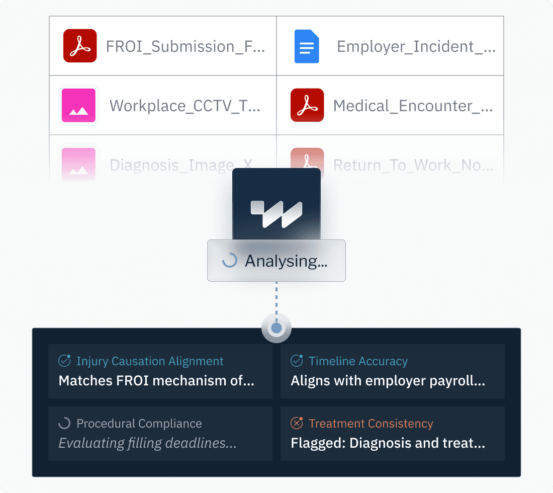 Document analysis interface showing file inputs and analysis results.