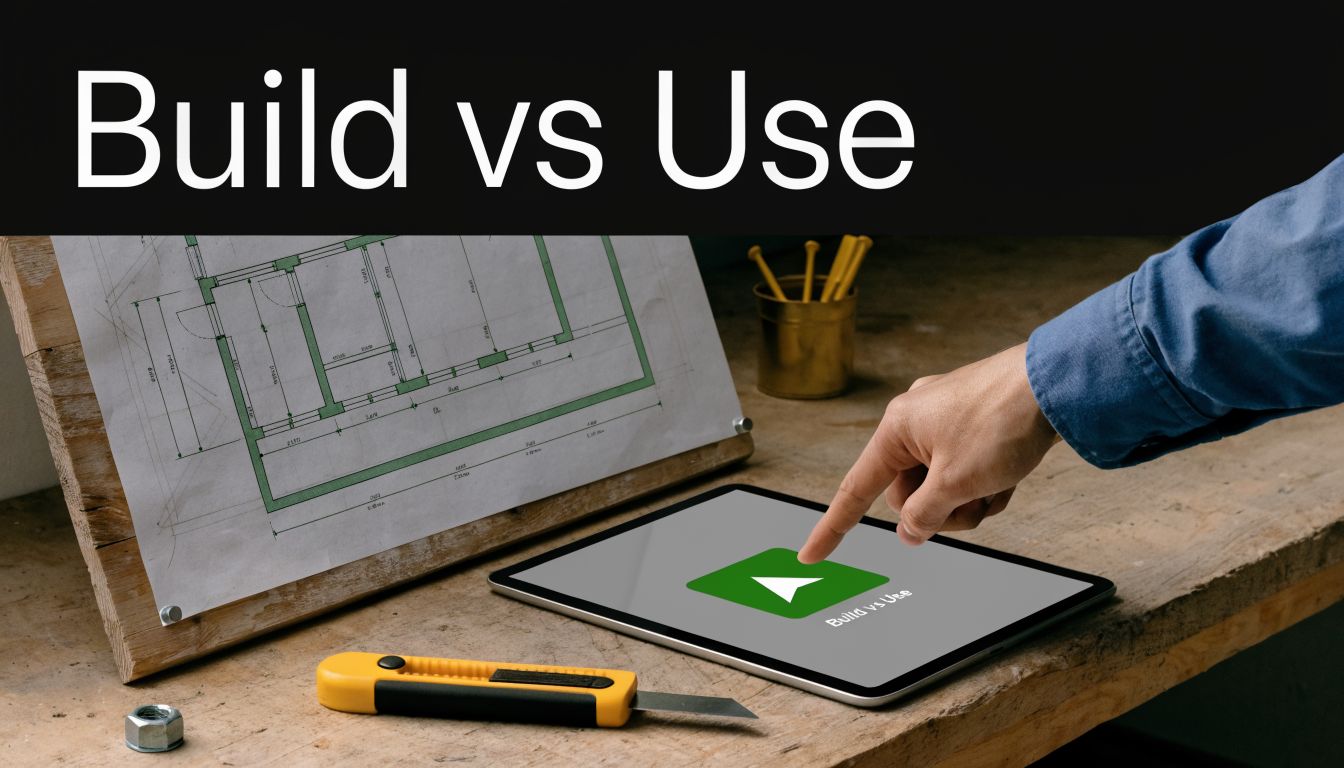 A hand pointing to a digital tablet displaying a Build vs Use icon next to blueprints.