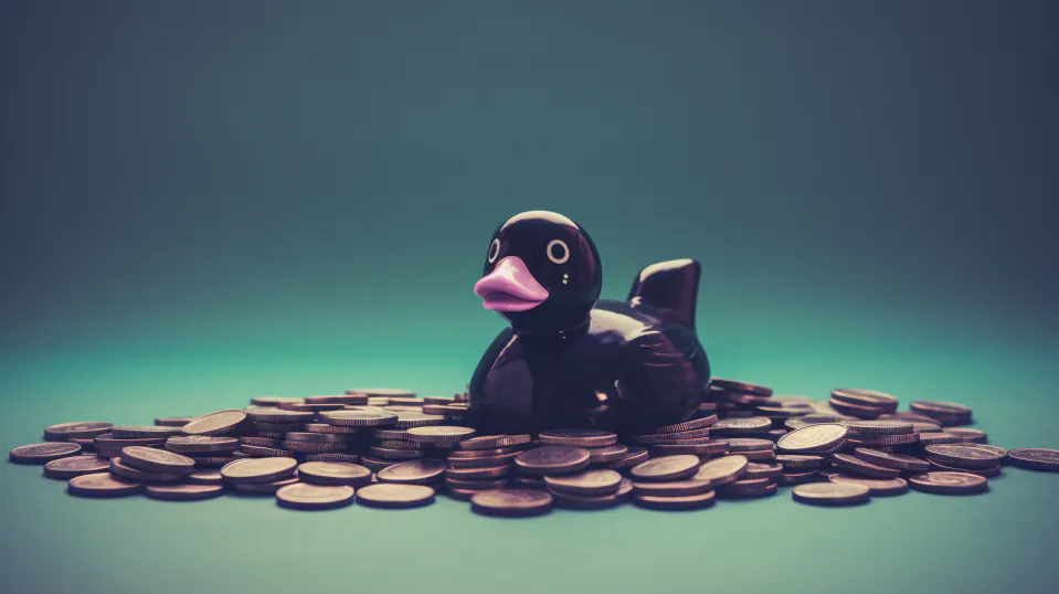 A figure of a black swan surrounded by coins