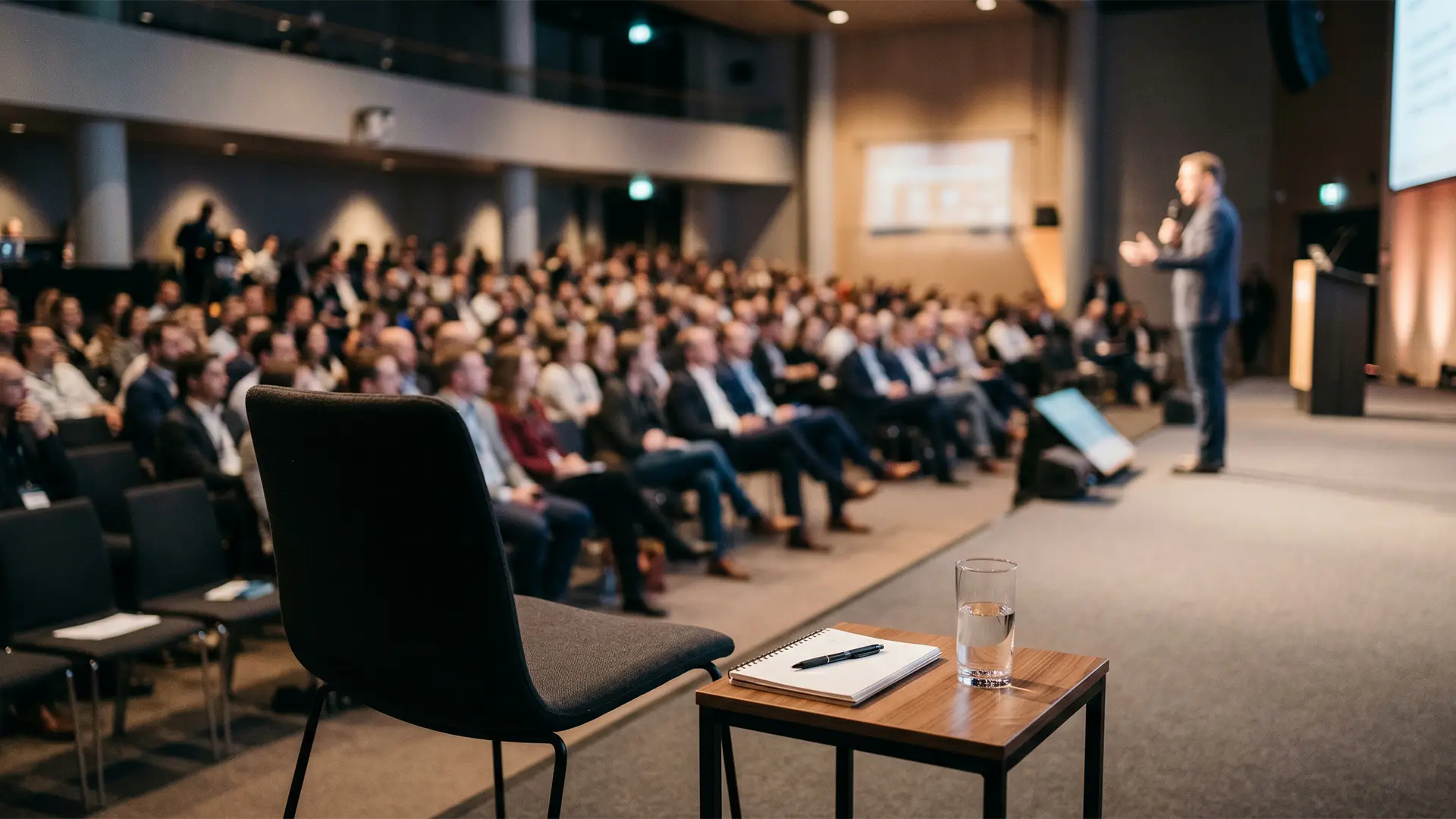 Corporate conference setting with blurred audience and speaker, foreground chair and side table holding a notebook and glass of water in sharp focus.