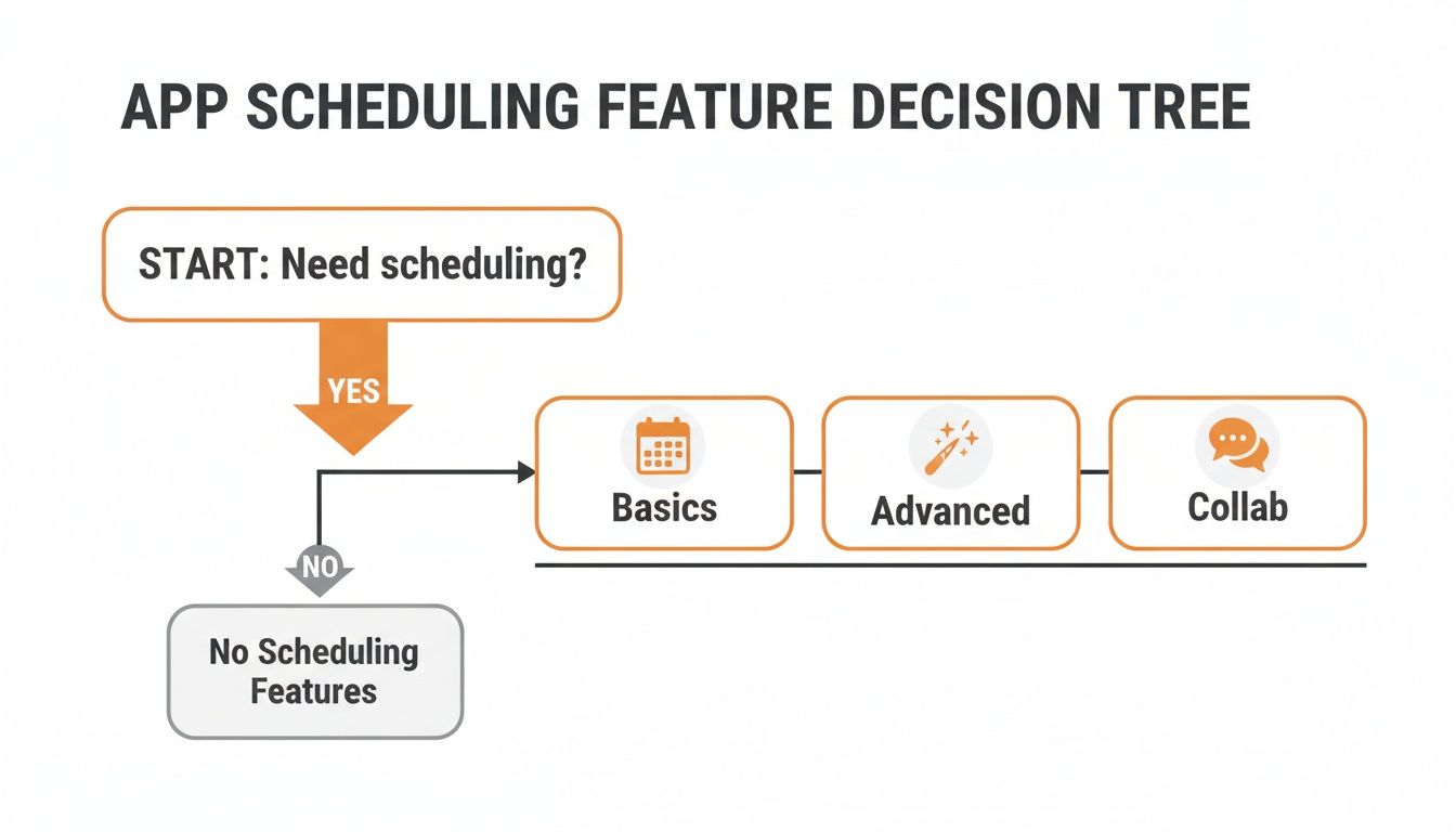 Decision tree outlining app scheduling features: Basic, Advanced, and Collab, based on the need for scheduling.
