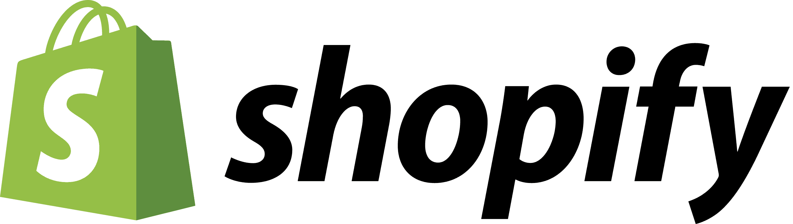 Shopify logo featuring a green shopping bag with a white "S" and the word "shopify" in black text beside it.