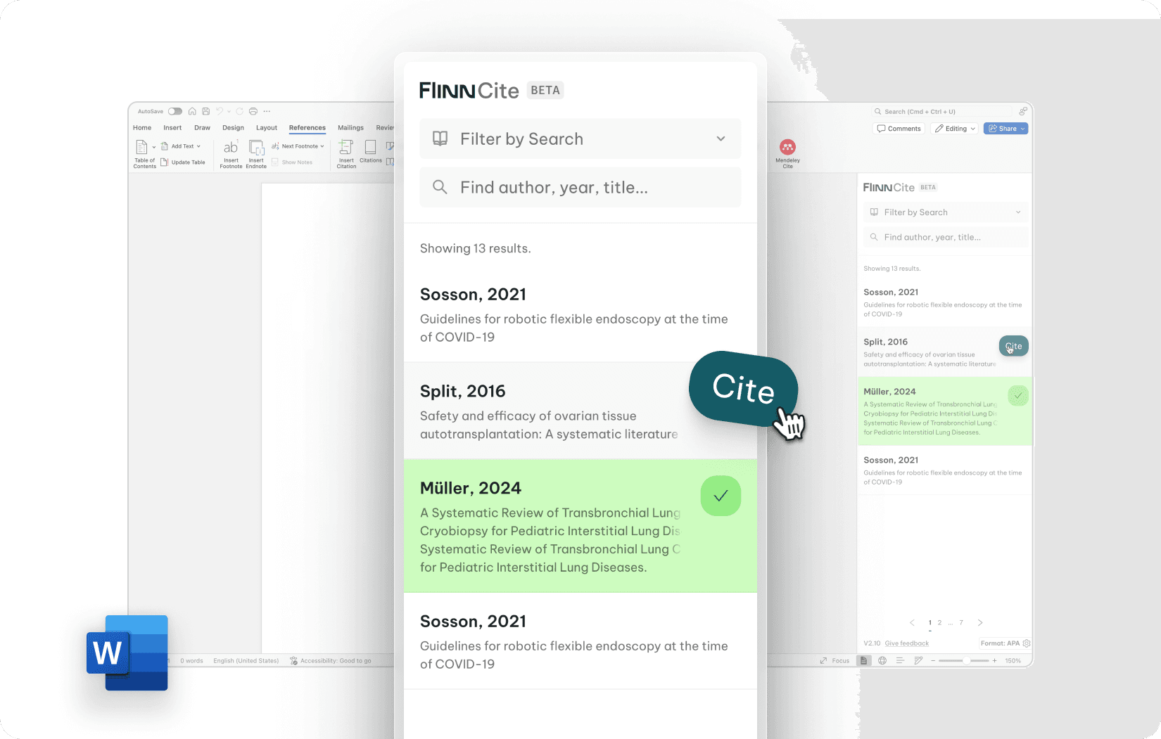 Flinn Word Plugin sidebar displaying literature search results with the option to cite a selected publication directly in Word.