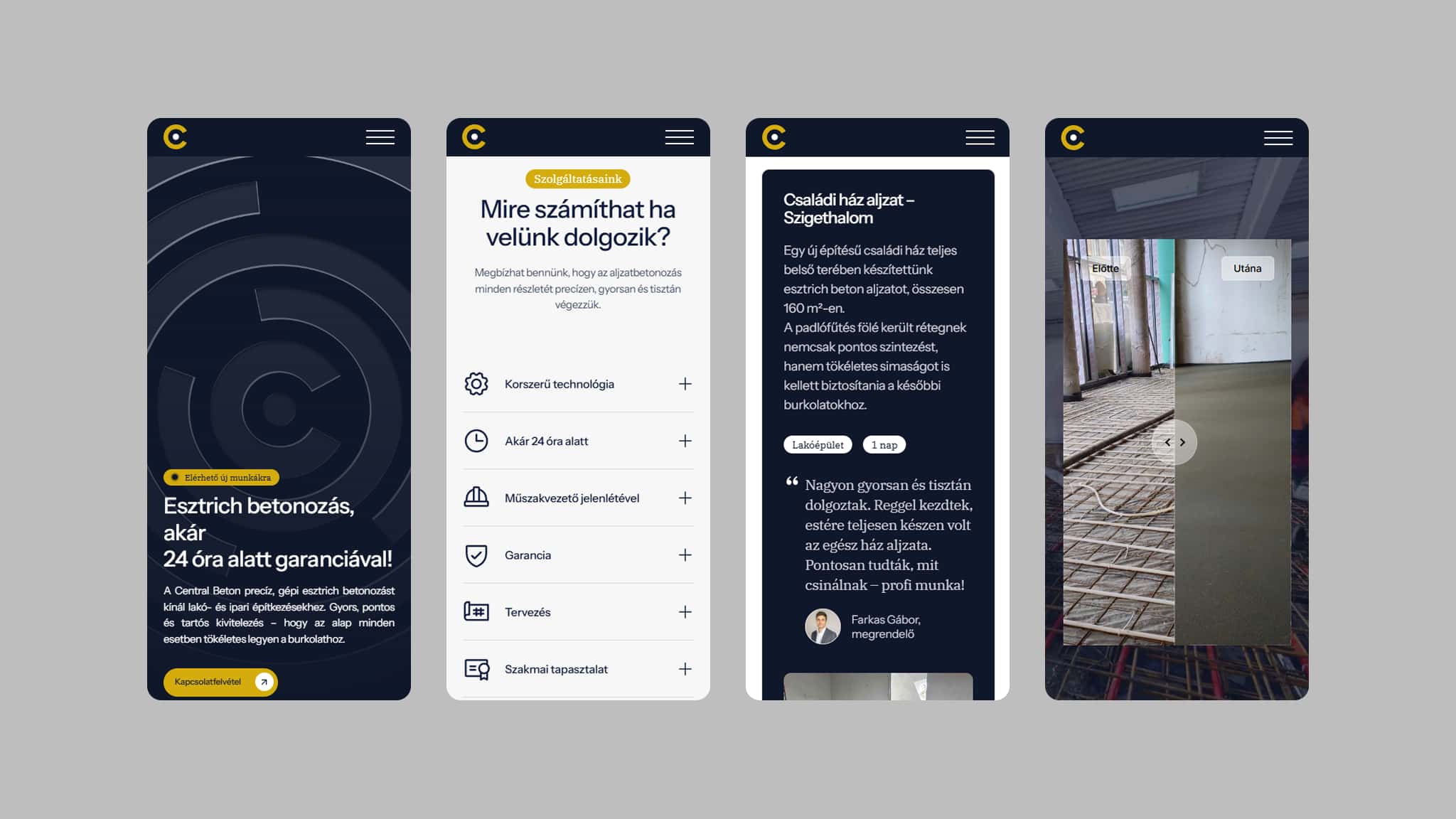 Central Beton weboldal mobil felületei: menürendszer, szolgáltatáslista és ügyfélvélemények szekció okostelefon nézetben.