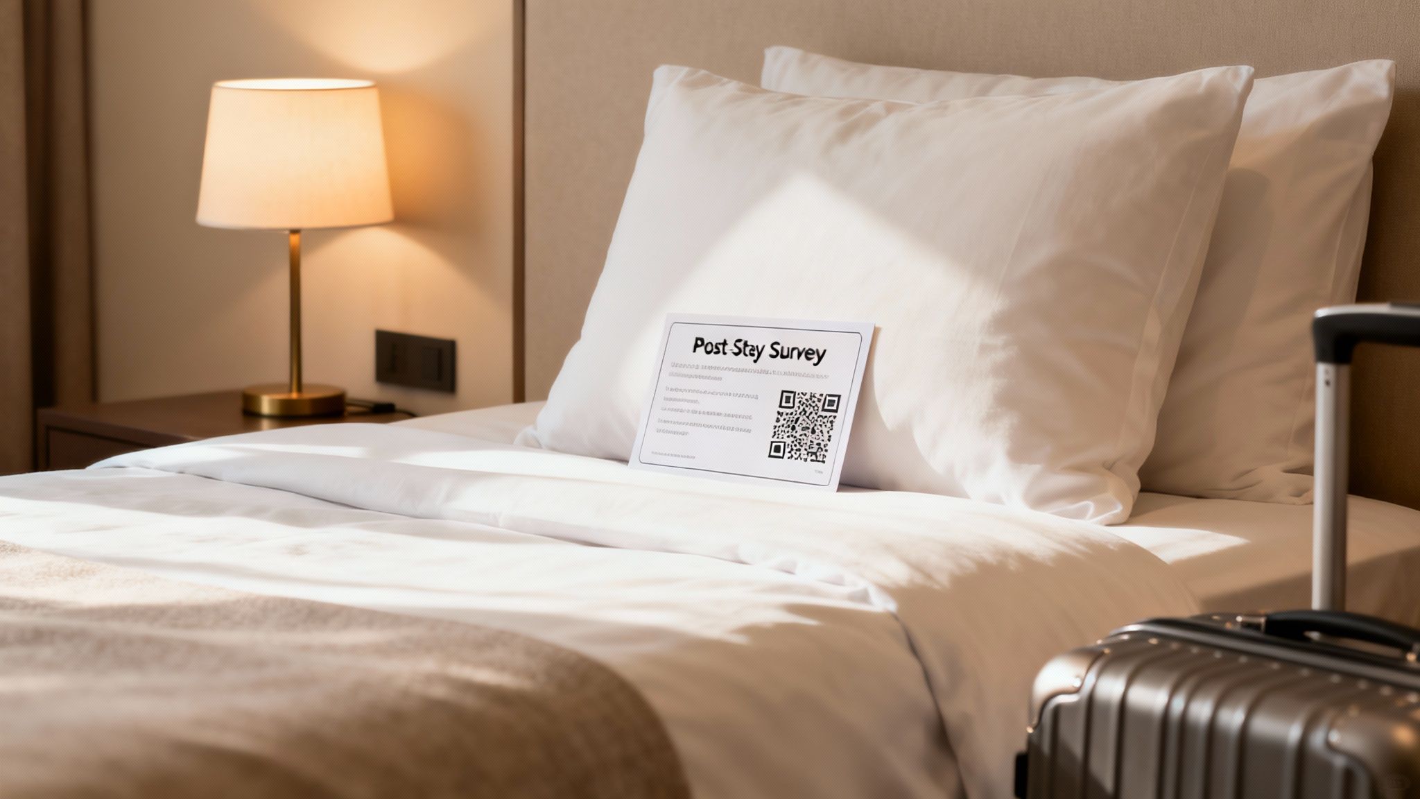 A welcoming hotel room bed with white linens, a